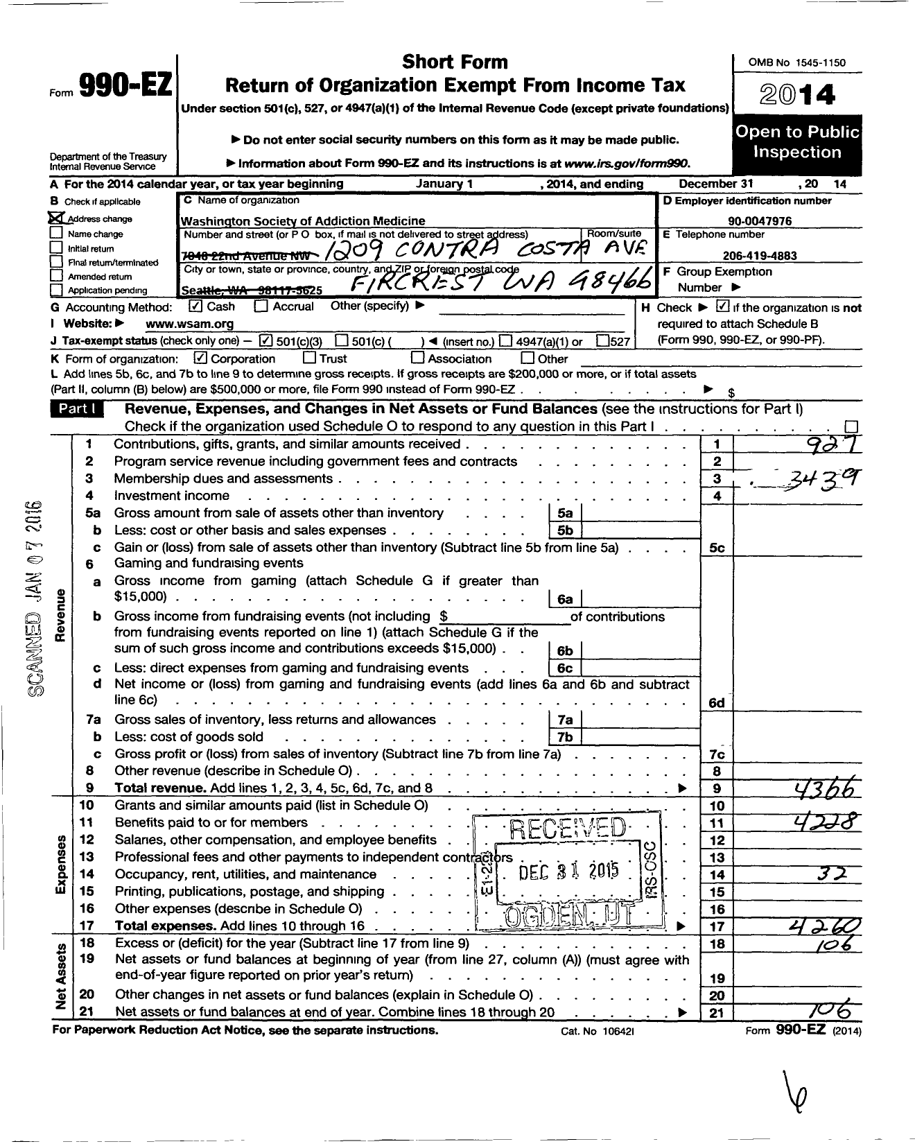 Image of first page of 2014 Form 990EZ for American Society of Addiction Medicine / Washington