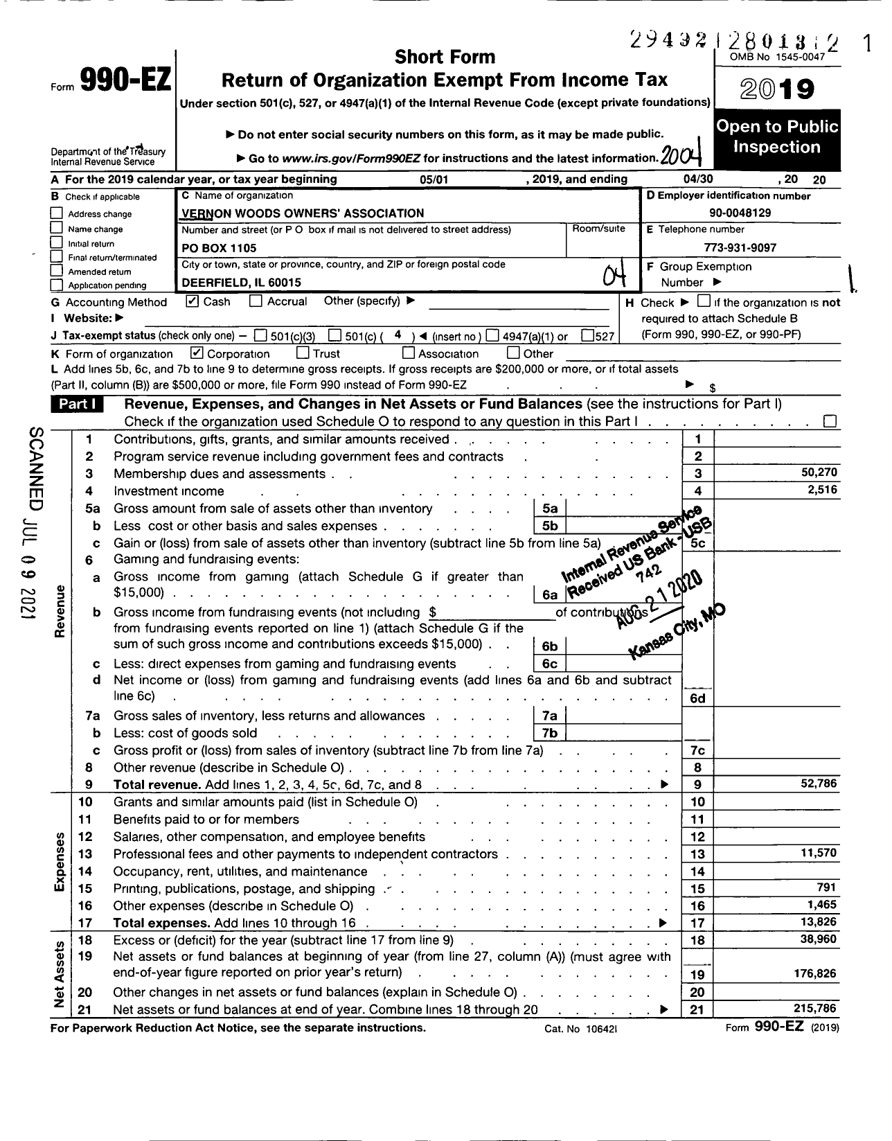 Image of first page of 2019 Form 990EO for Vernon Woods Owners Association