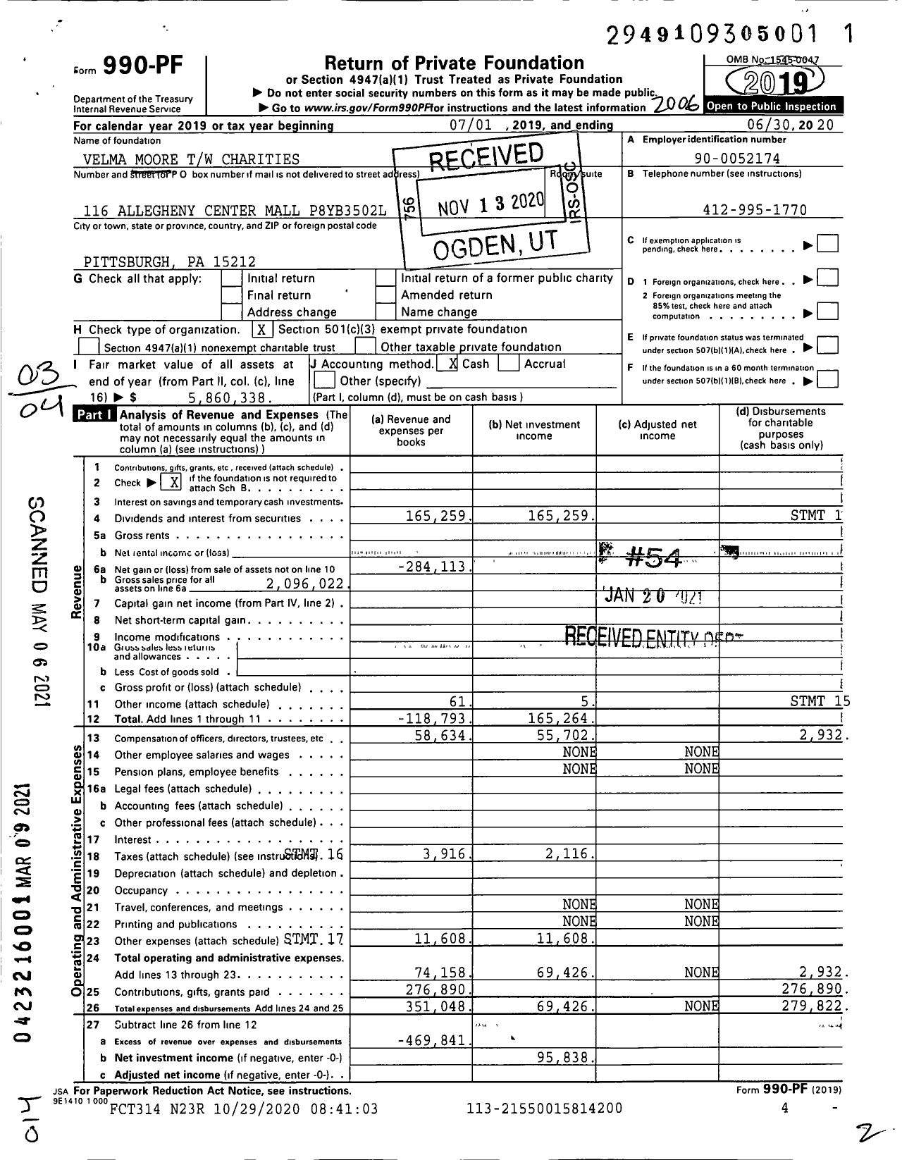 Image of first page of 2019 Form 990PF for Velma Moore TW Charities