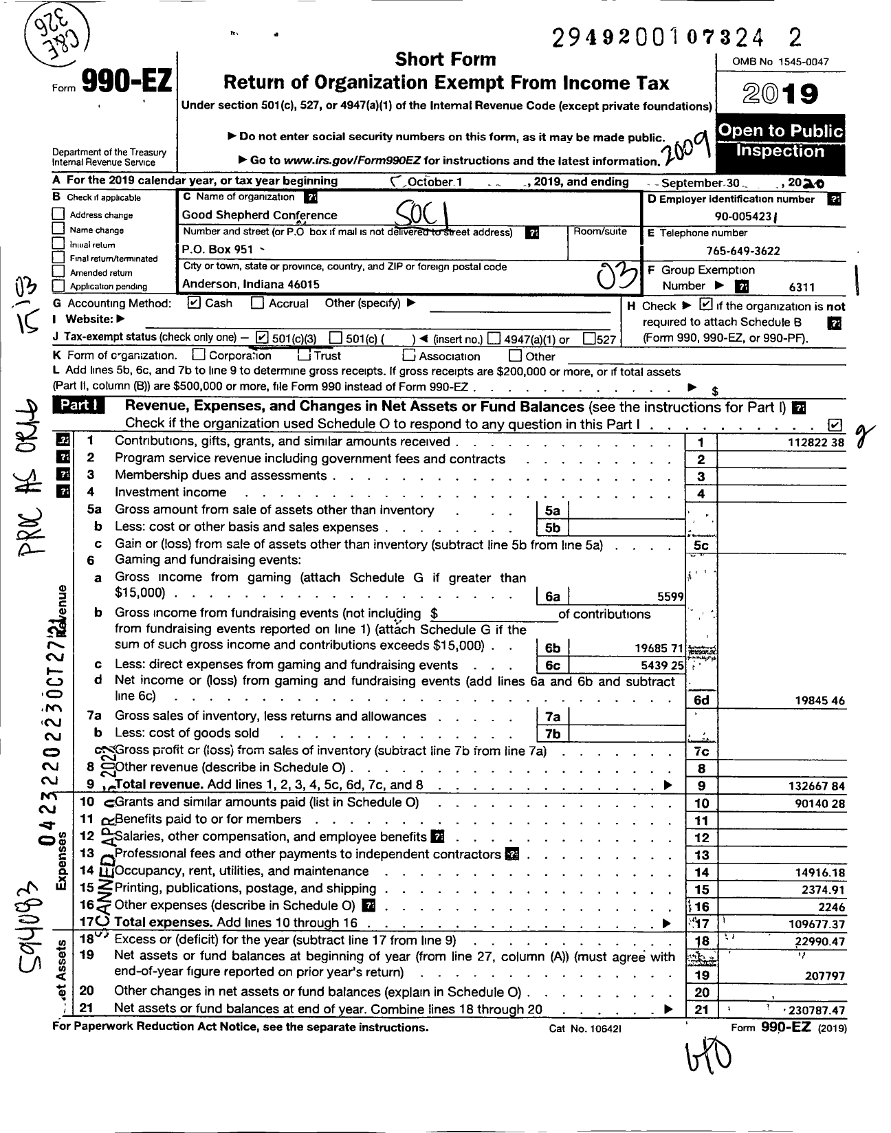 Image of first page of 2019 Form 990EZ for SOCIETY OF ST VINCENT DE PAUL DIOCESAN COUNCIL OF LAFAYETTE Good Shepherd Conference