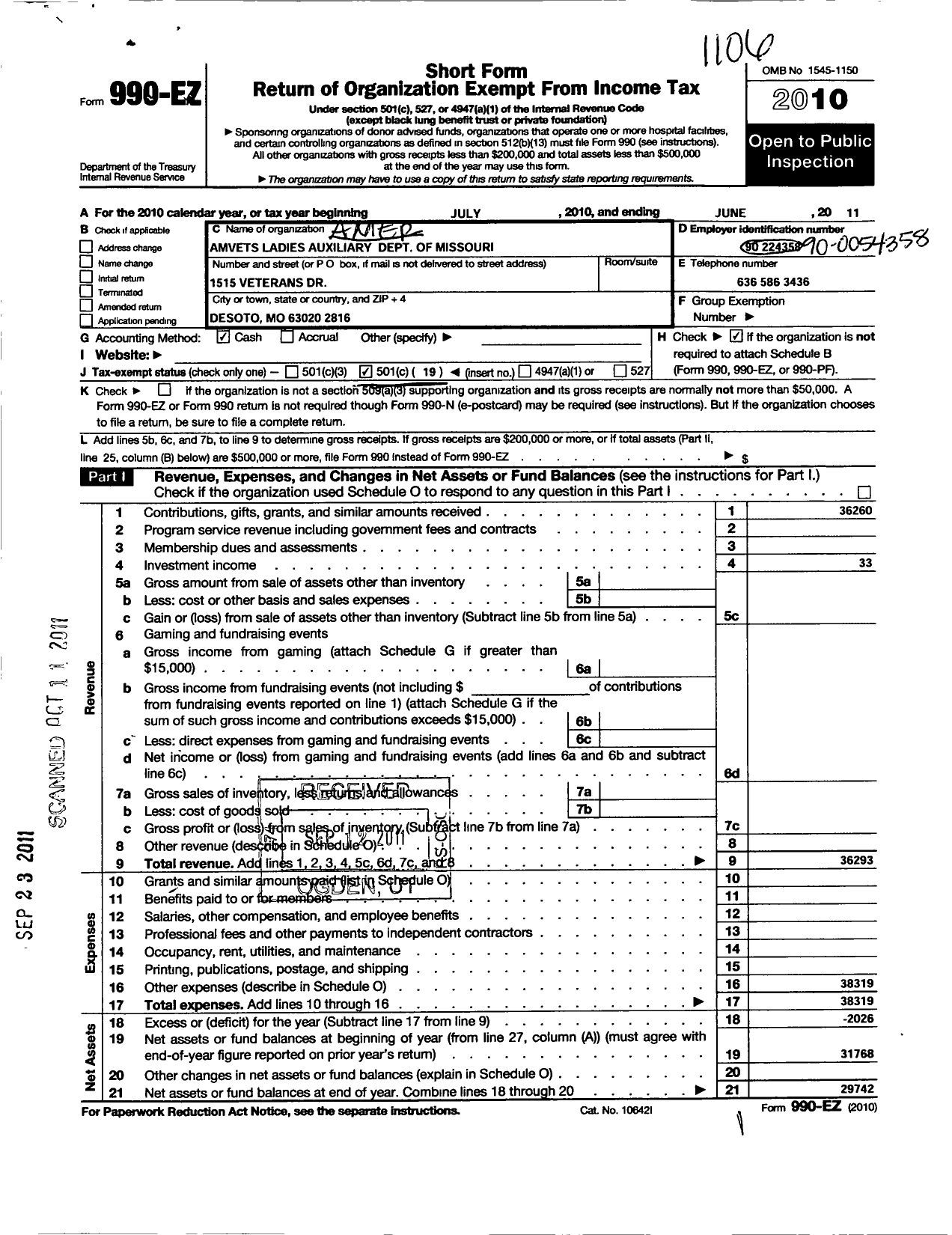 Image of first page of 2010 Form 990EO for Amvets - Amvets