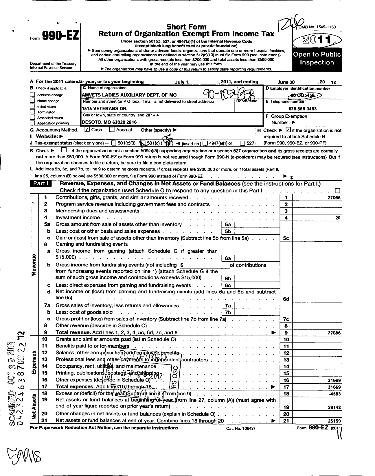 Image of first page of 2011 Form 990EO for Amvets - Amvets