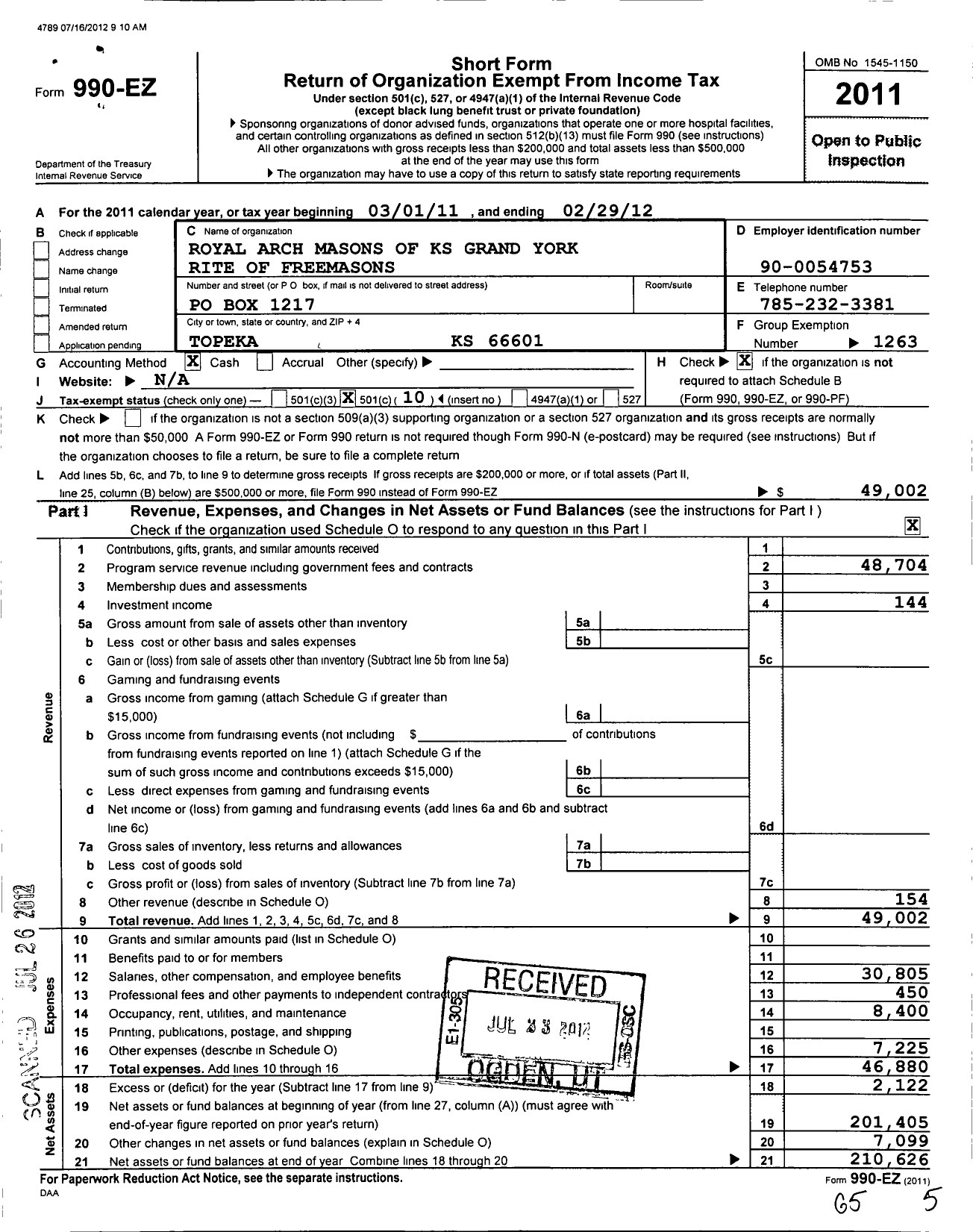 Image of first page of 2011 Form 990EO for Royal Arch Masons of Kansas / Grand York Rite of Kansas