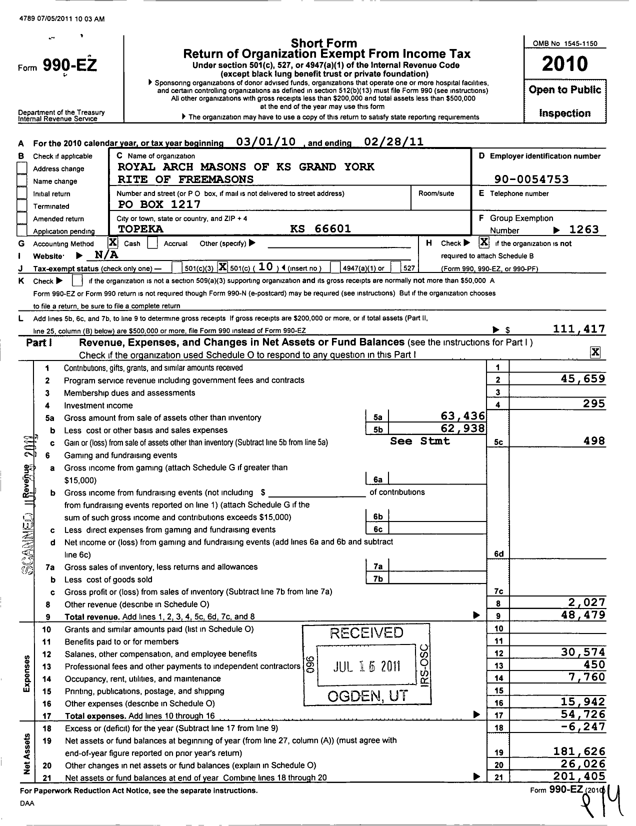 Image of first page of 2010 Form 990EO for Royal Arch Masons of Kansas / Grand York Rite of Kansas