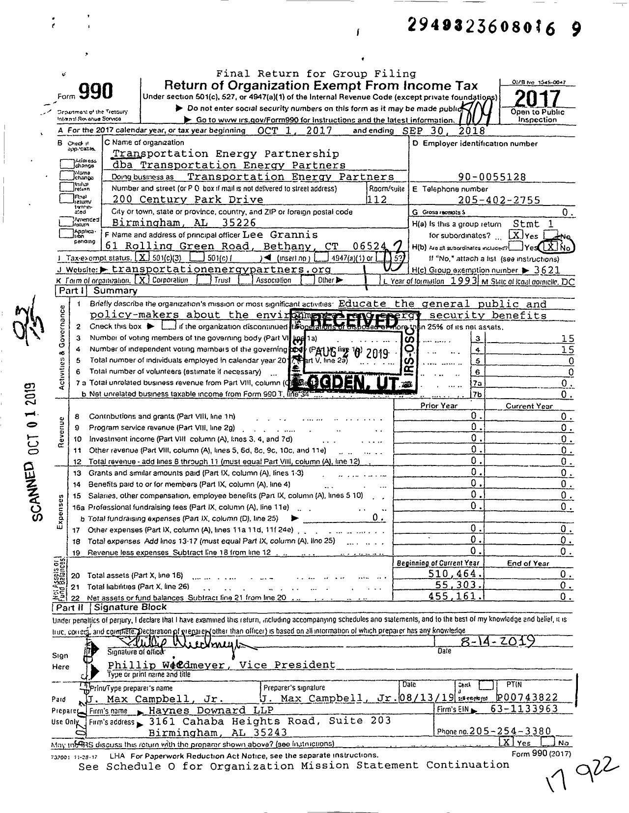 Image of first page of 2017 Form 990 for Transportation Energy Partners (TEP)