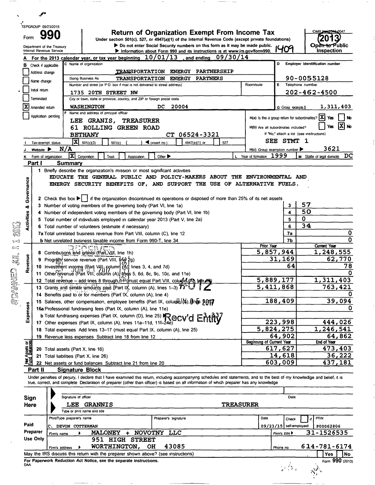 Image of first page of 2013 Form 990 for Transportation Energy Partners (TEP)