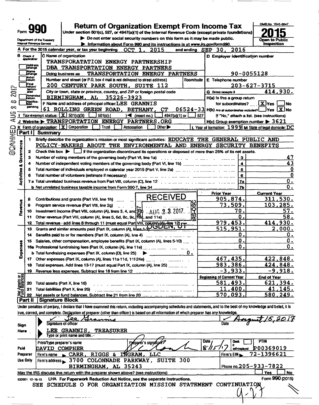 Image of first page of 2015 Form 990 for Transportation Energy Partners (TEP)