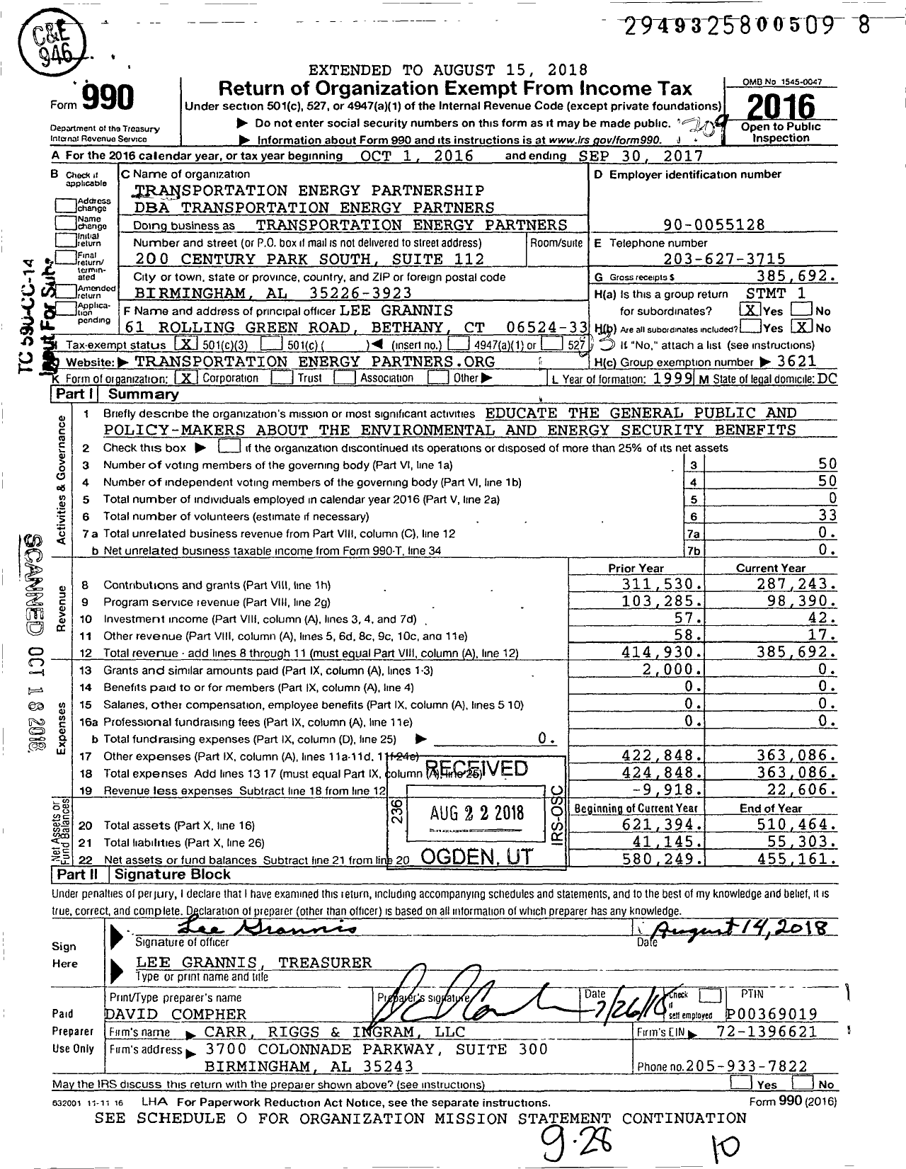 Image of first page of 2016 Form 990 for Transportation Energy Partners (TEP)