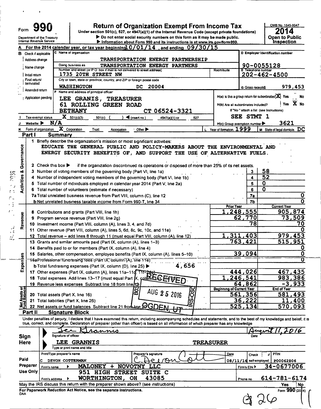 Image of first page of 2014 Form 990 for Transportation Energy Partners (TEP)