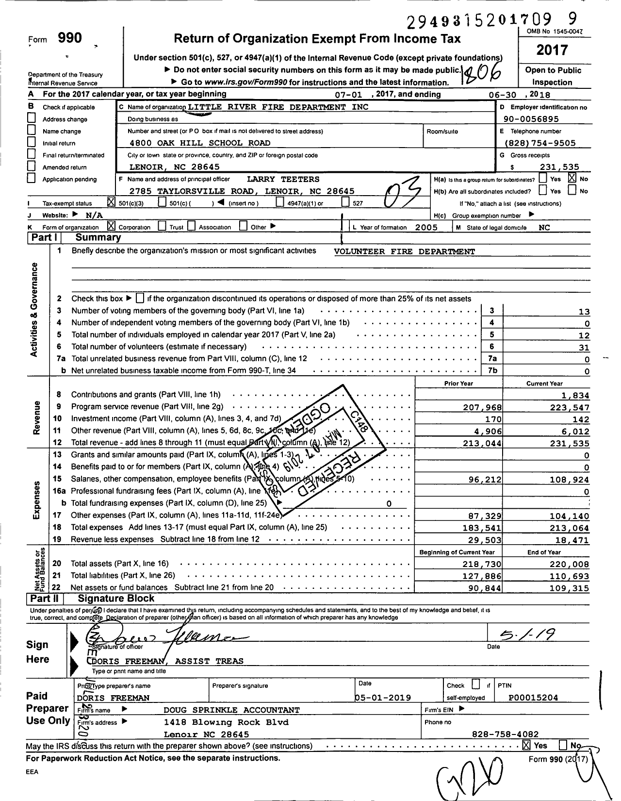 Image of first page of 2017 Form 990 for Little River Fire Department