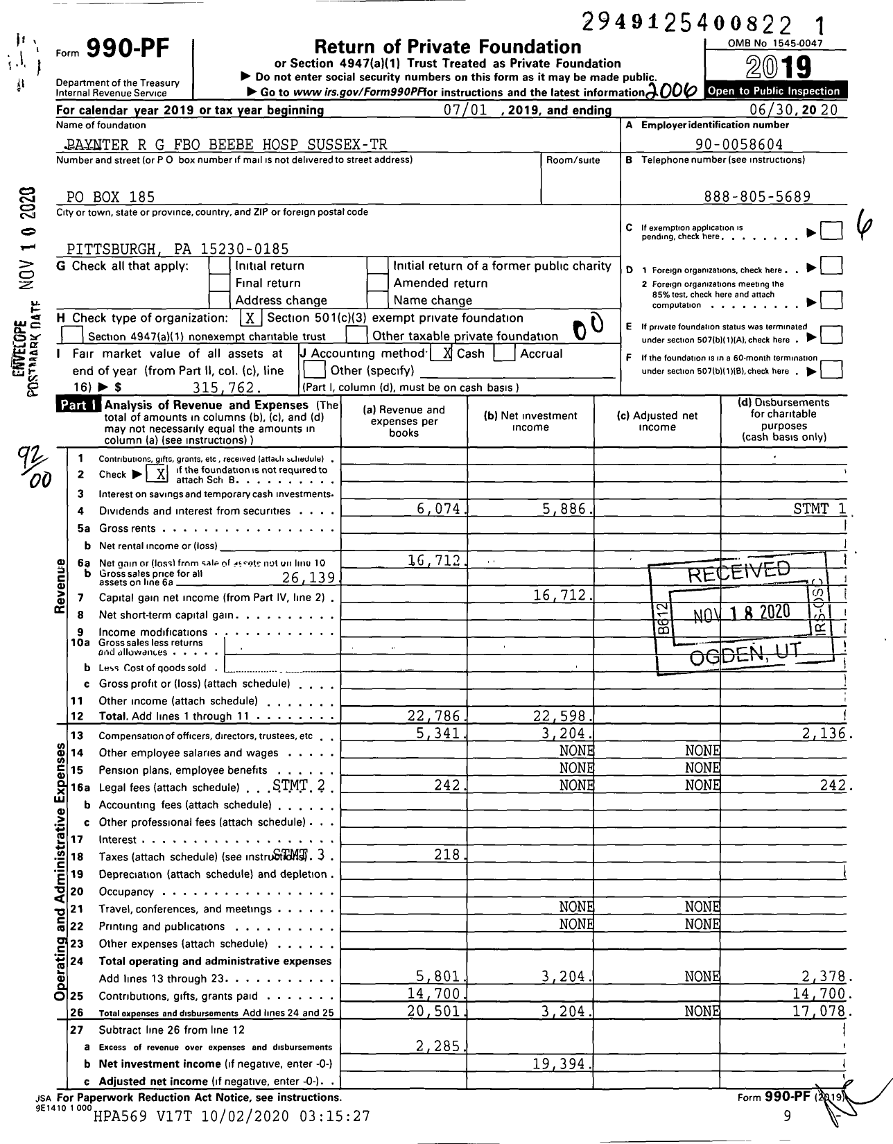 Image of first page of 2019 Form 990PF for Paynter R G Fbo Beebe Hospital Sussex-Tr