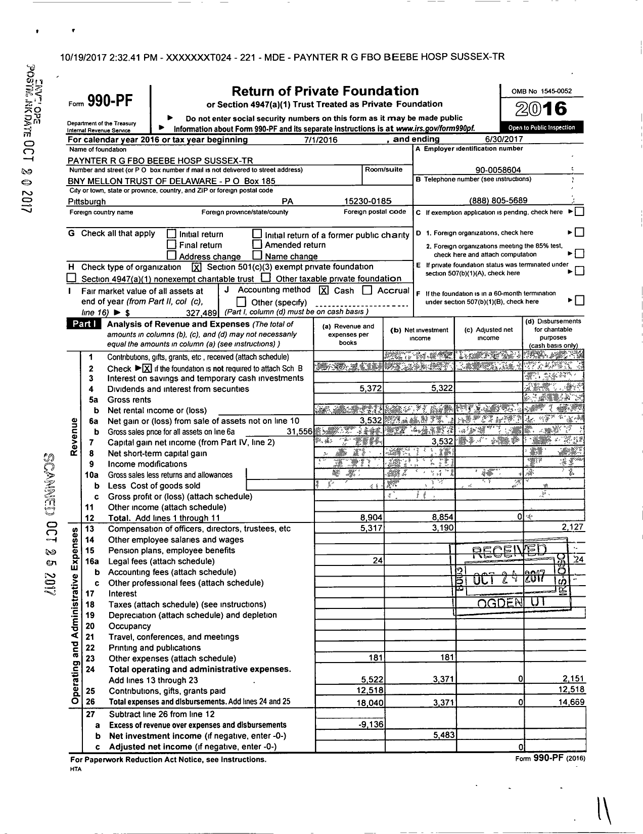 Image of first page of 2016 Form 990PF for Paynter R G Fbo Beebe Hospital Sussex-Tr