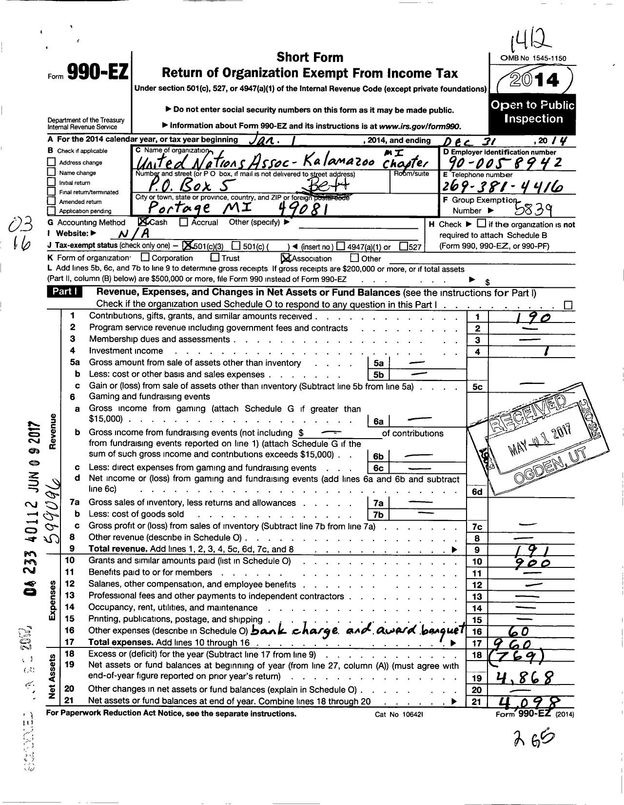 Image of first page of 2014 Form 990EZ for Better World Fund / Una of the USA Kalamazoo Chapter