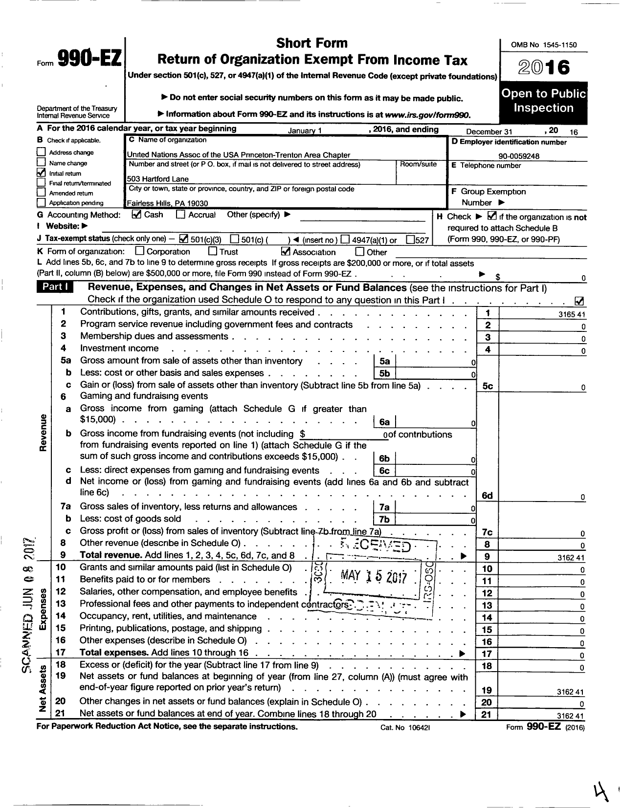 Image of first page of 2016 Form 990EZ for Una USA Princeton Trenton Chapter