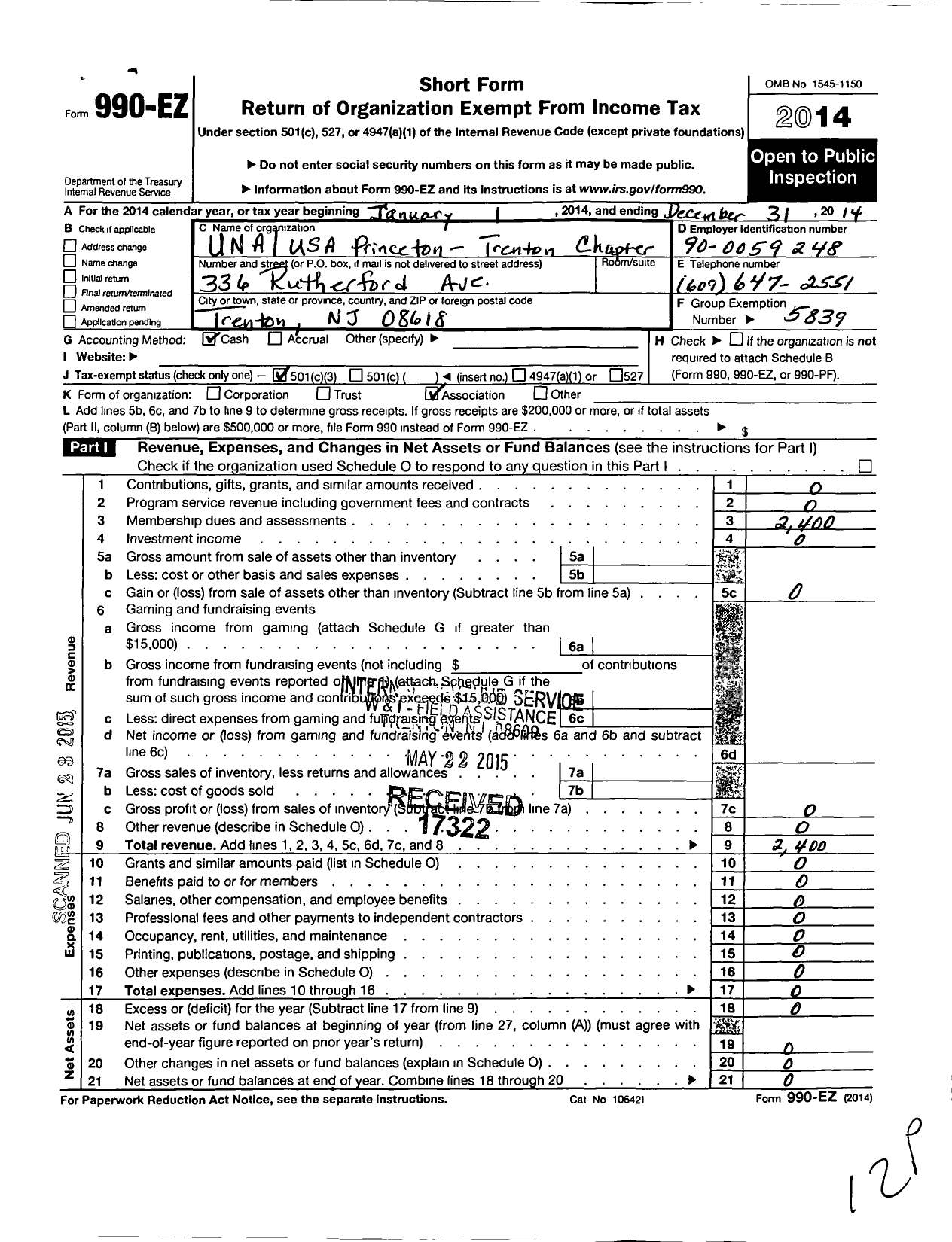 Image of first page of 2014 Form 990EZ for Una USA Princeton Trenton Chapter