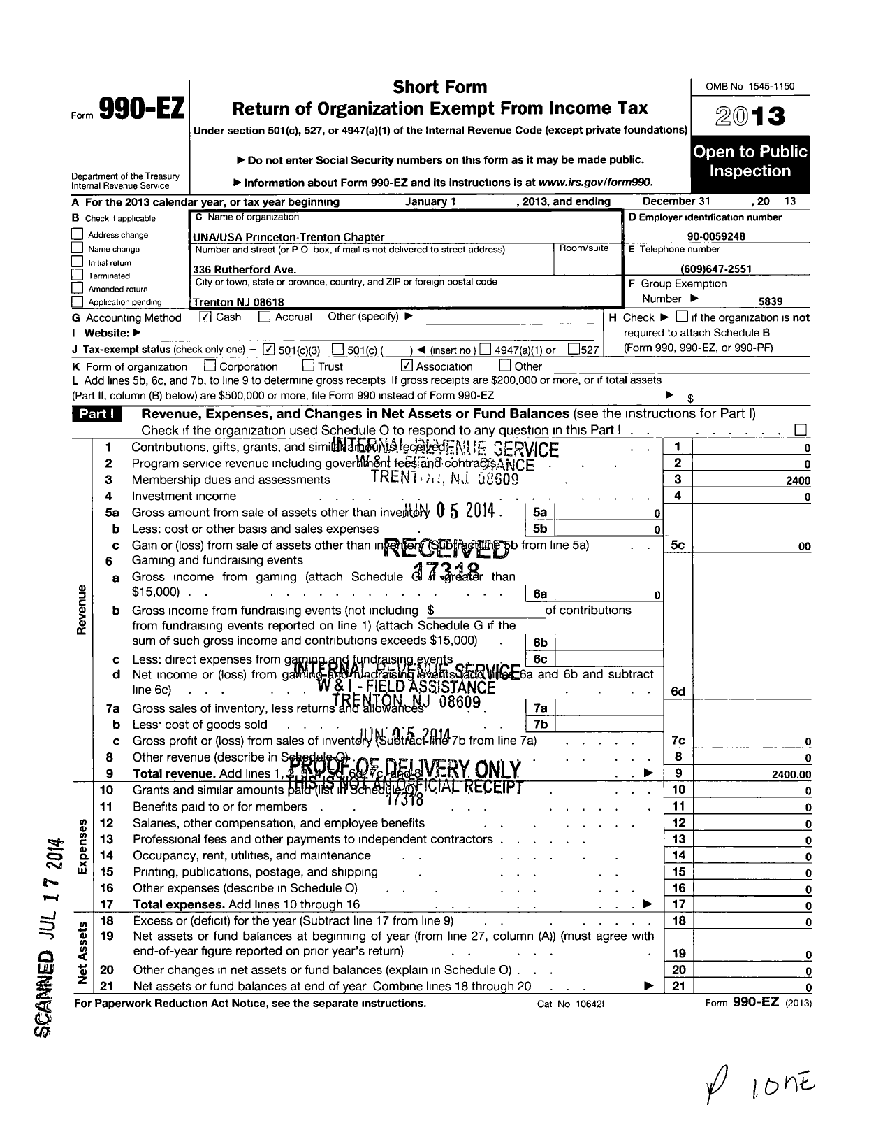 Image of first page of 2013 Form 990EZ for Una USA Princeton Trenton Chapter