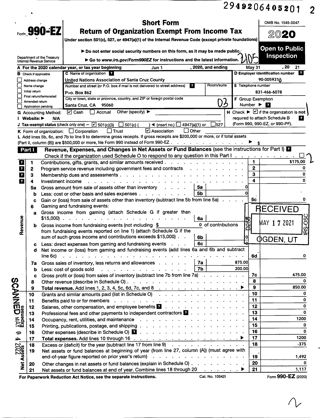 Image of first page of 2020 Form 990EZ for United Nations Association of Santa Cruz County