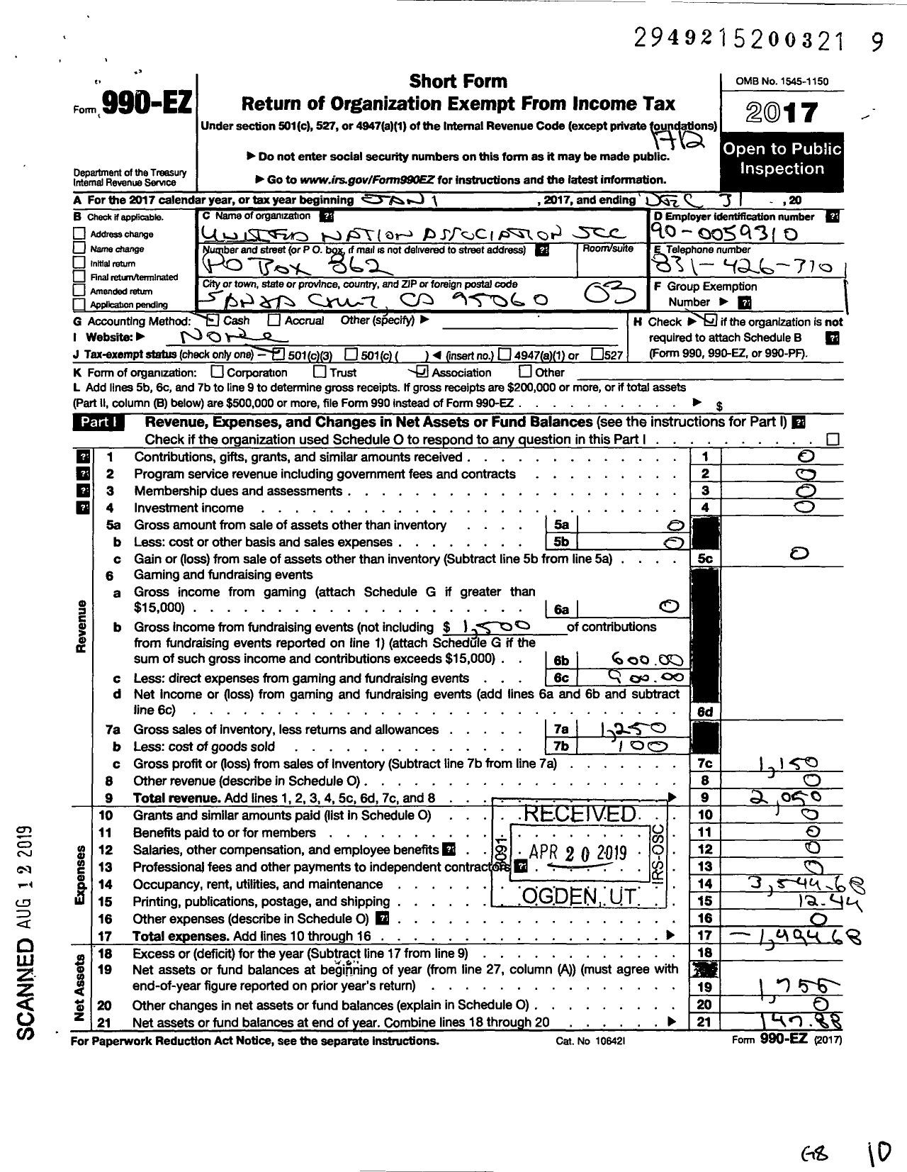 Image of first page of 2017 Form 990EZ for United Nations Association of Santa Cruz County