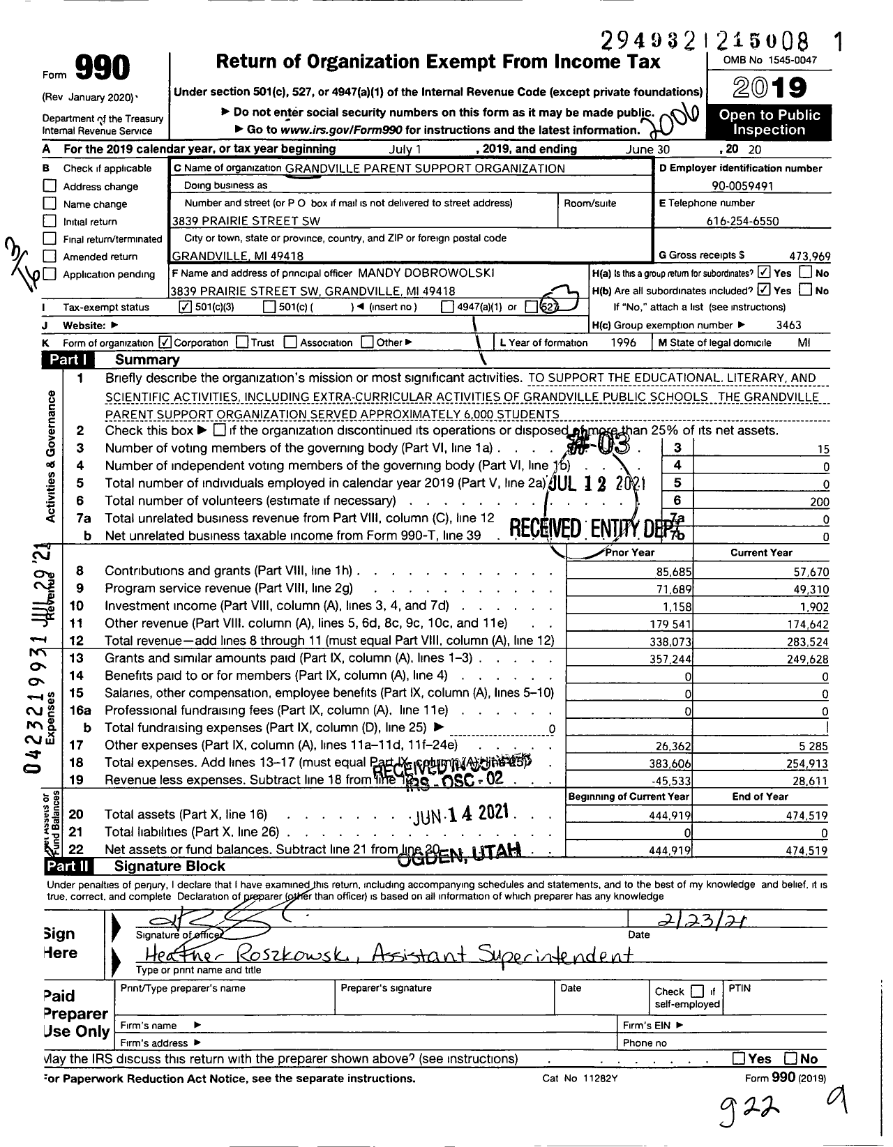 Image of first page of 2019 Form 990 for Grandville Parent Support Organization