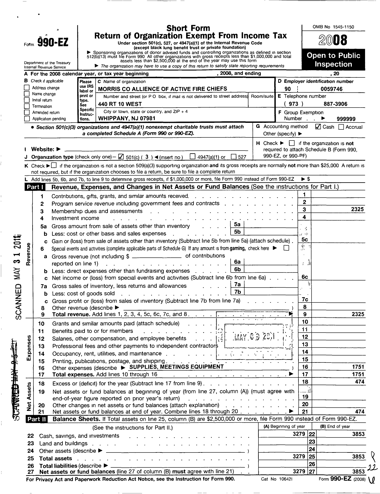 Image of first page of 2008 Form 990EZ for Morris County Alliance of Active Fire Chiefs