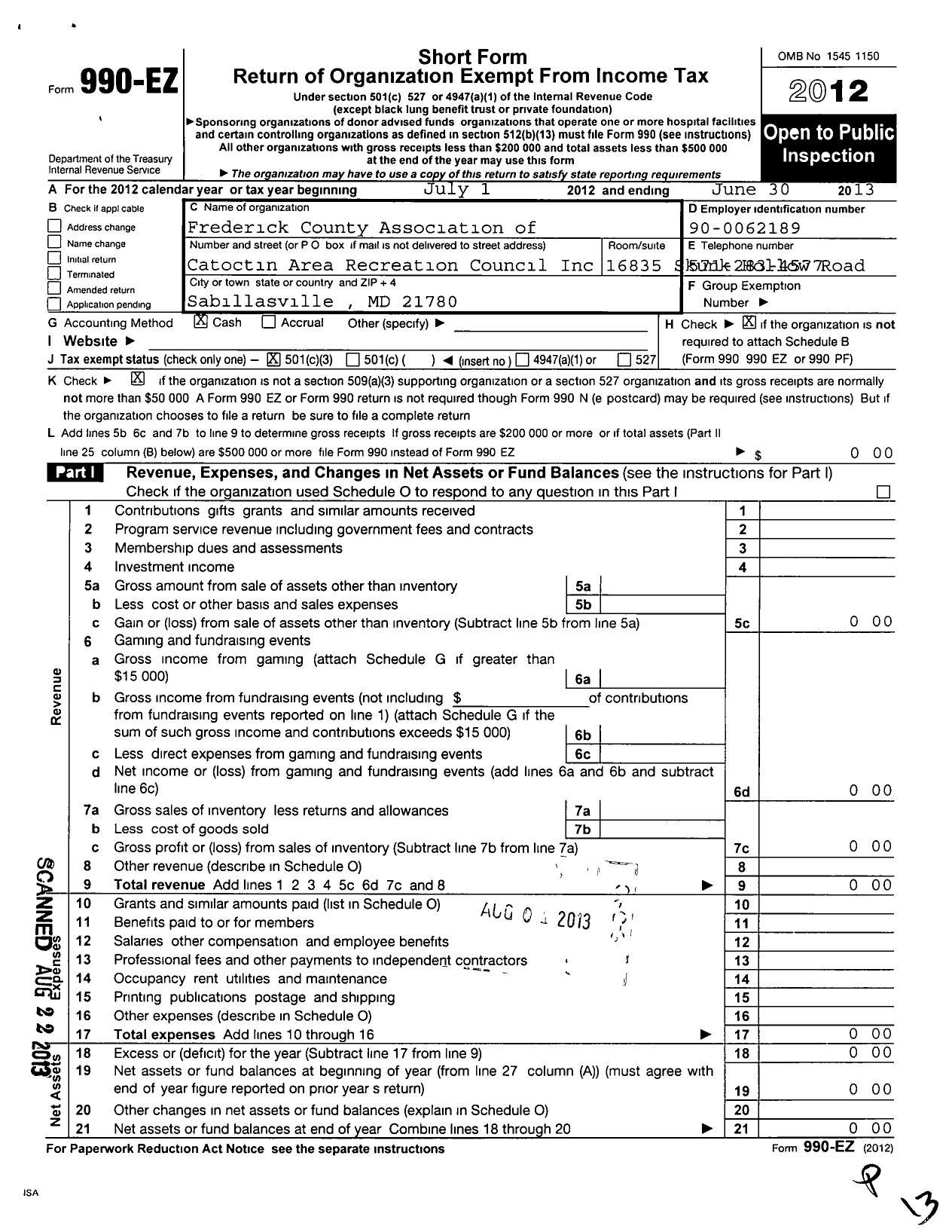 Image of first page of 2012 Form 990EZ for Frederick County Association of Recreation Councils / Catoctin Area Recreation Council