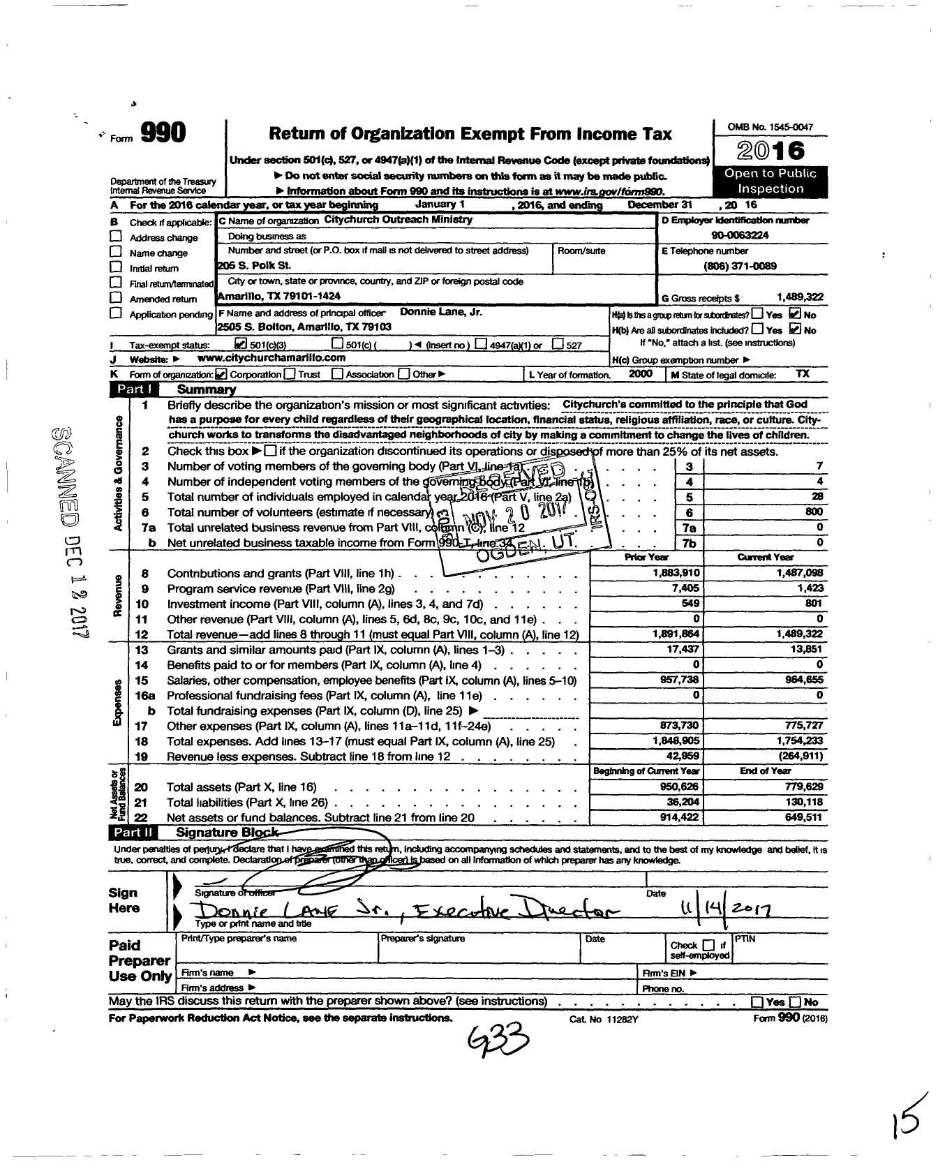 Image of first page of 2016 Form 990 for Citychurch Outreach Ministry