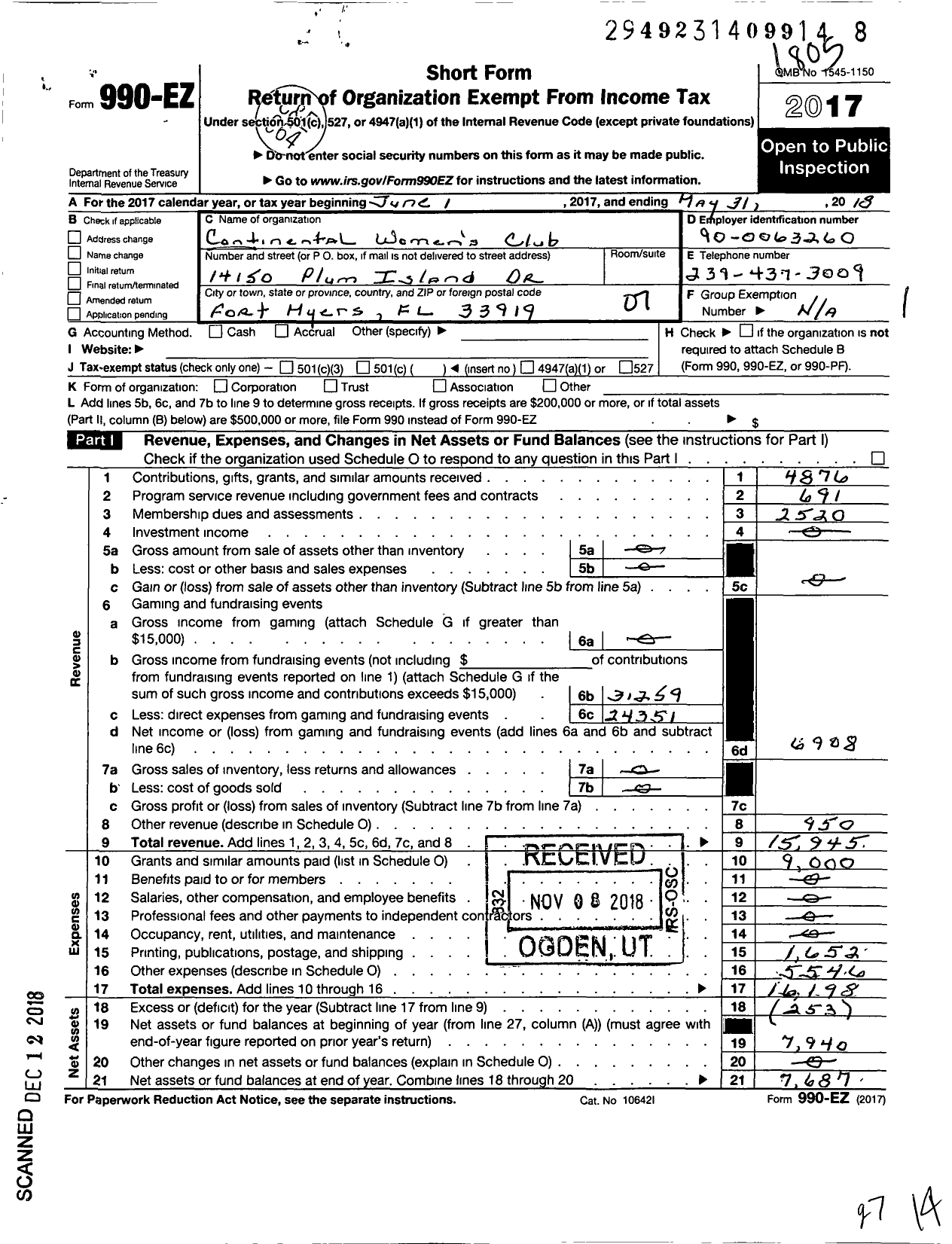 Image of first page of 2017 Form 990EO for Continental Womens Club of Greater Fort Meyrs