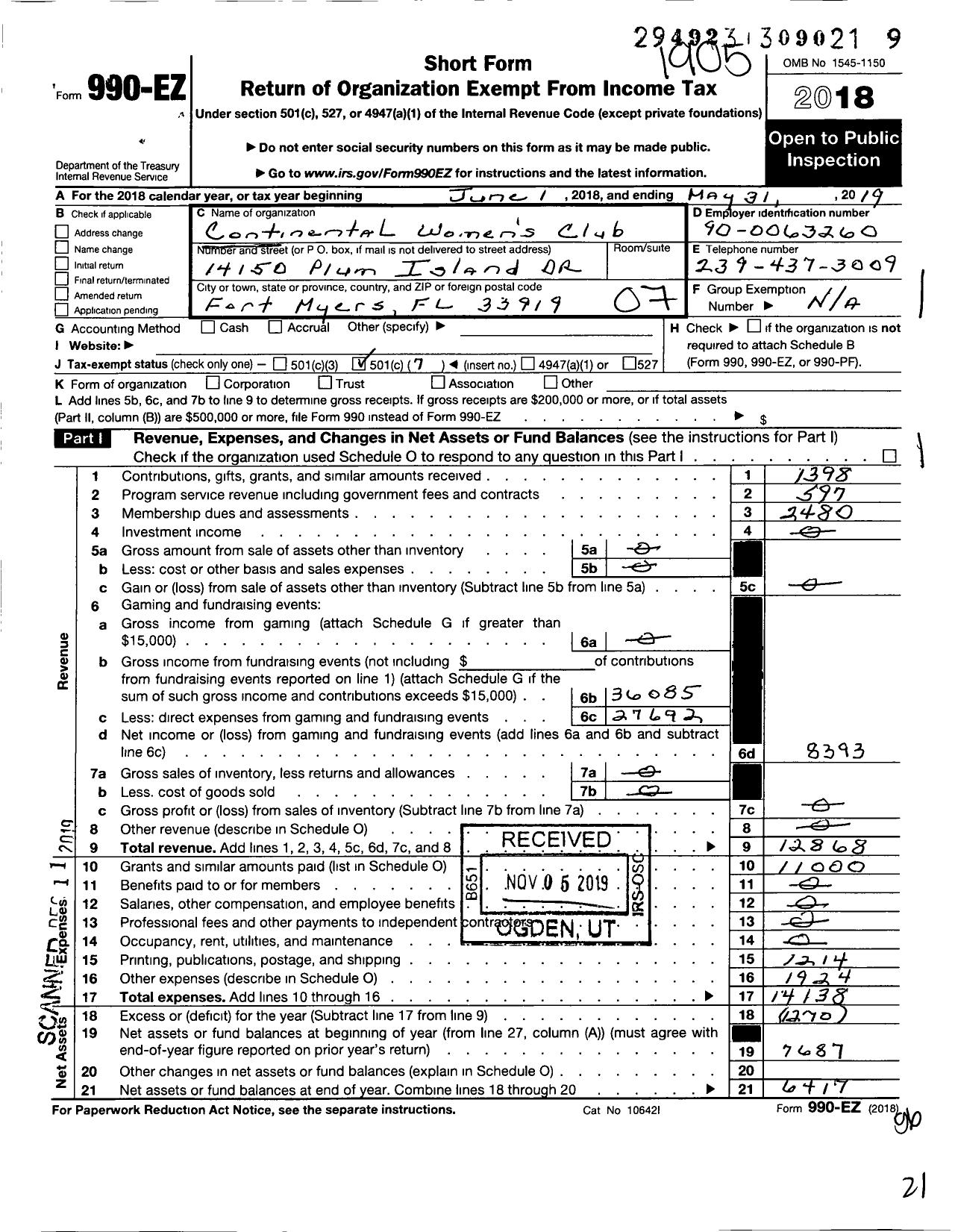 Image of first page of 2018 Form 990EO for Continental Womens Club of Greater Fort Meyrs