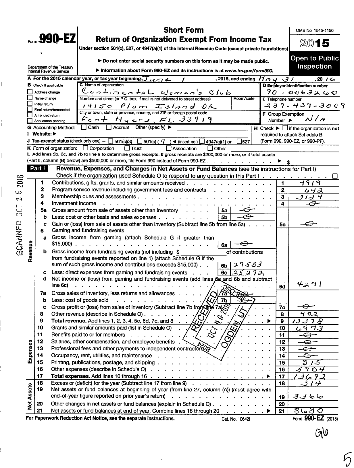 Image of first page of 2015 Form 990EO for Continental Womens Club of Greater Fort Meyrs