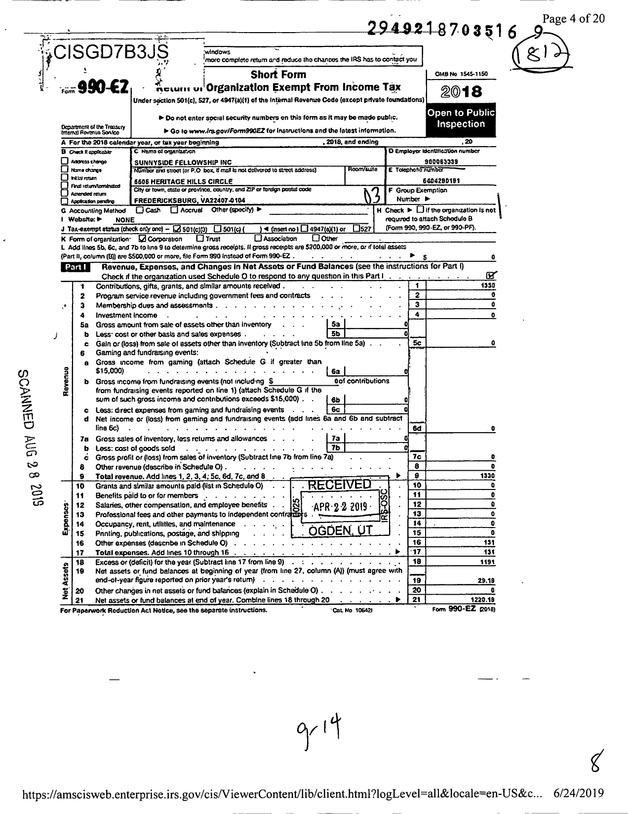 Image of first page of 2018 Form 990EZ for Sunnyside Fellowship