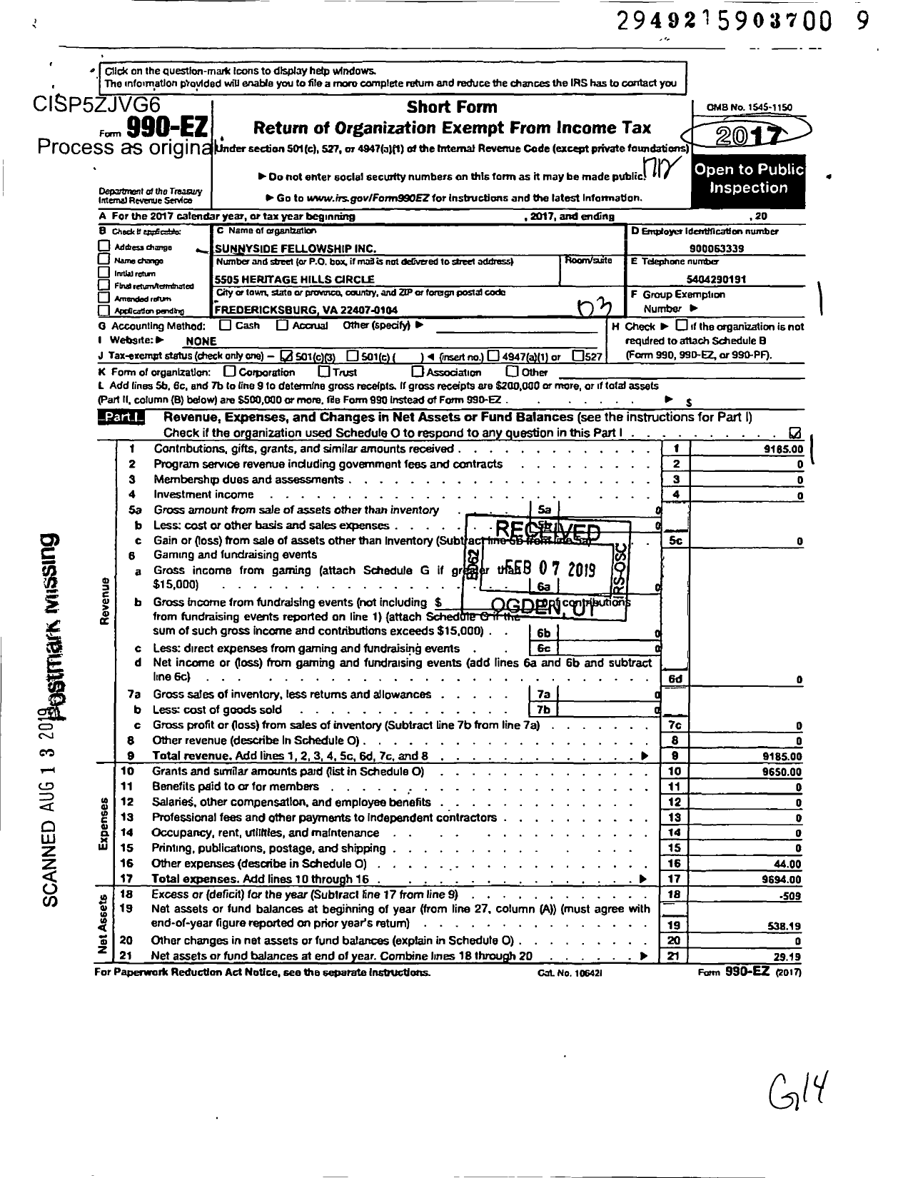 Image of first page of 2017 Form 990EZ for Sunnyside Fellowship