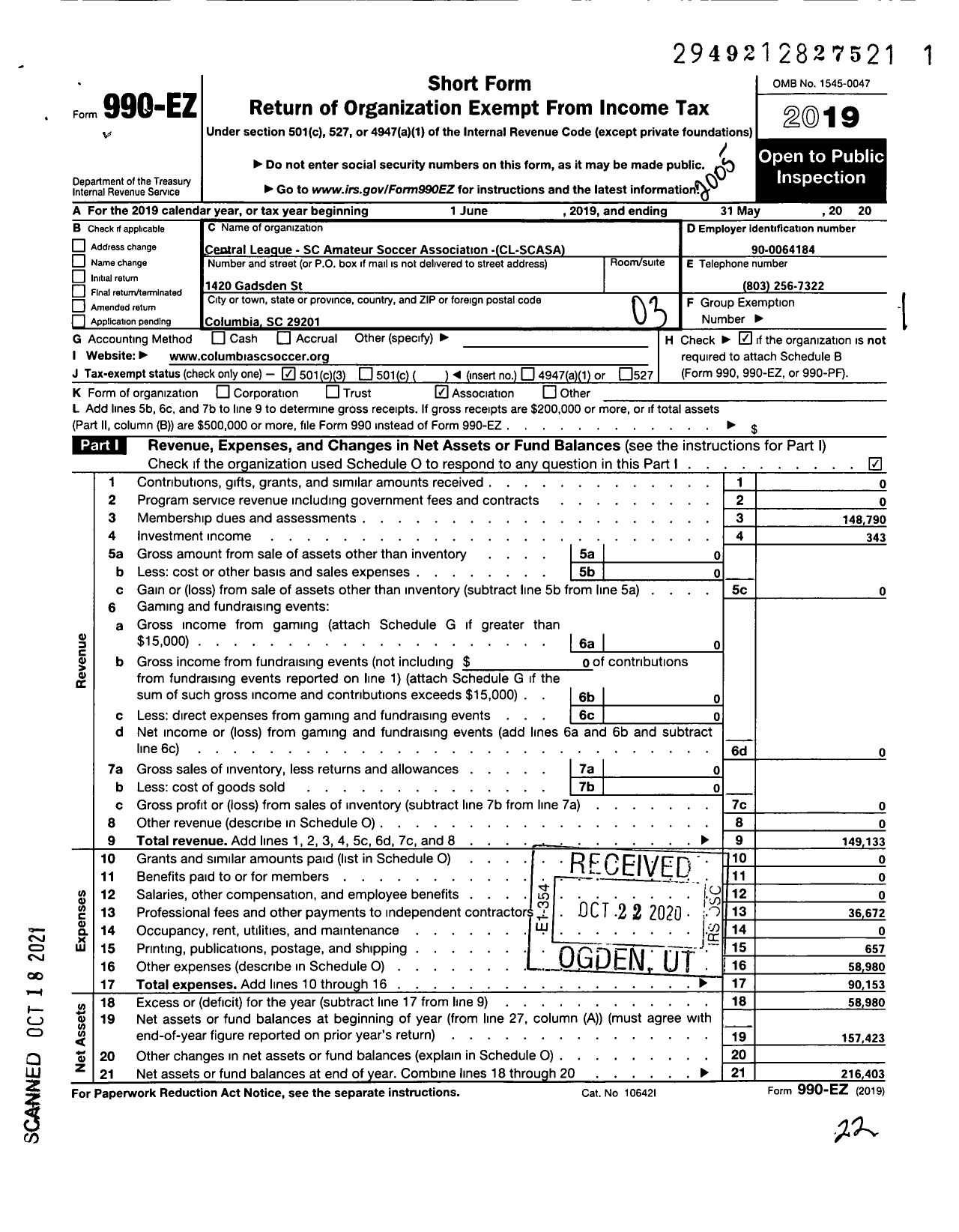 Image of first page of 2019 Form 990EZ for Central League - SC Amateur Soccer Association (CL-SCASA)