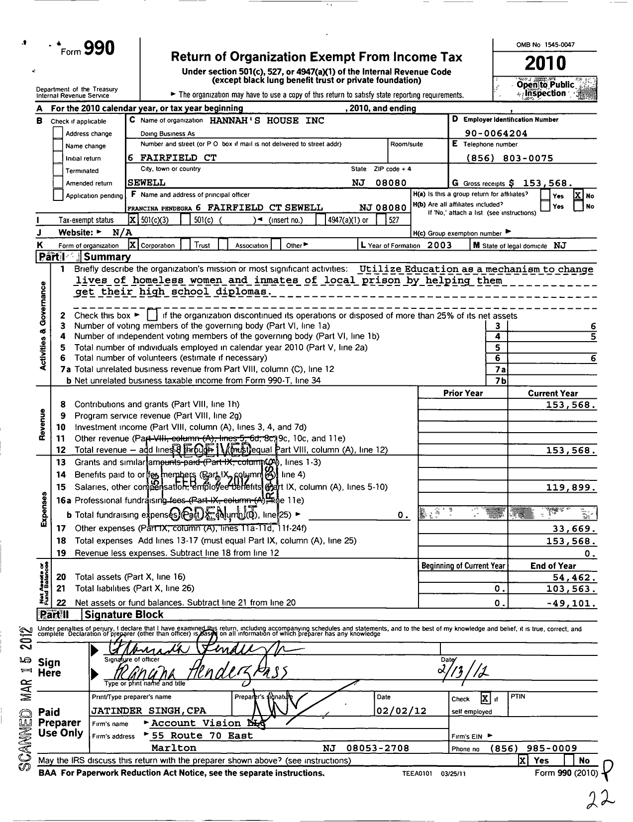 Image of first page of 2010 Form 990 for Hannahs House