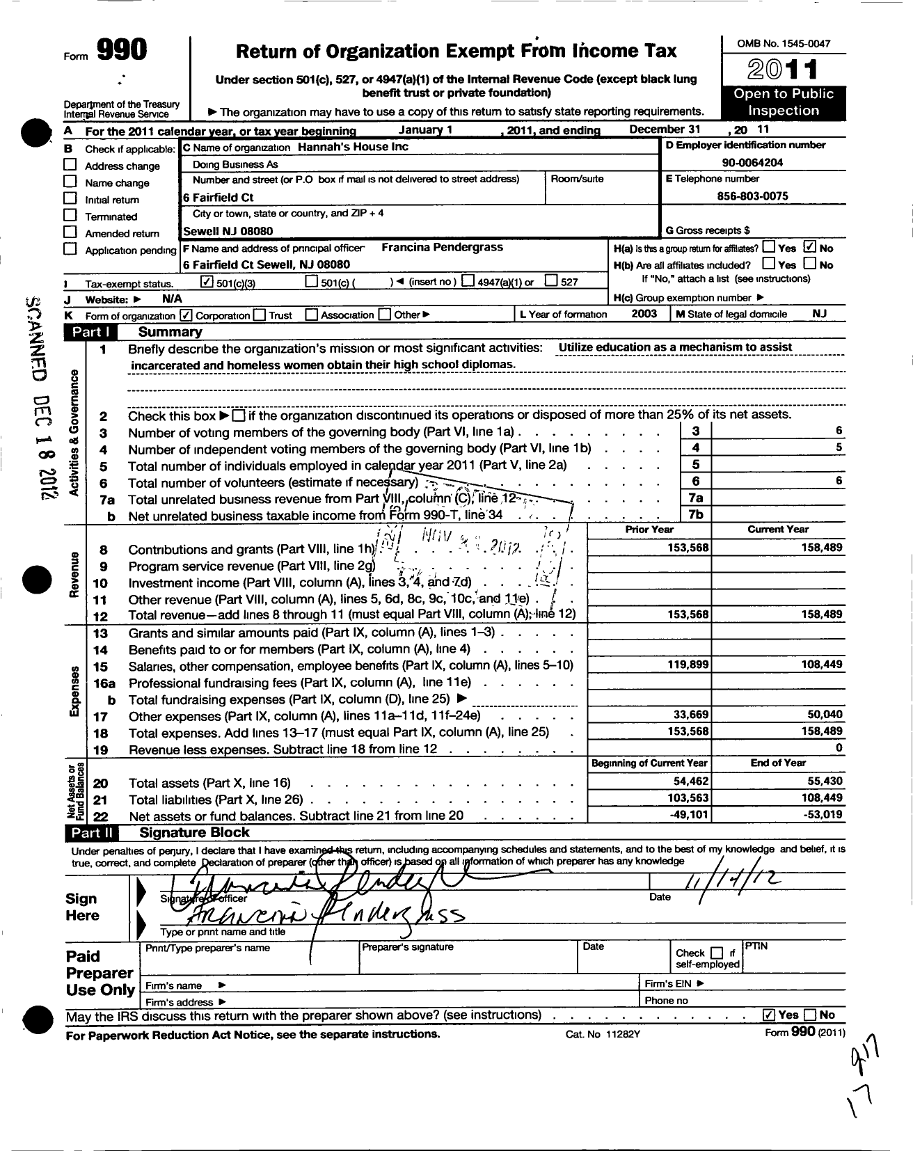 Image of first page of 2011 Form 990 for Hannahs House