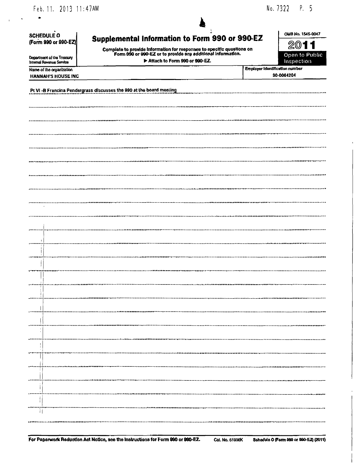 Image of first page of 2011 Form 990R for Hannahs House