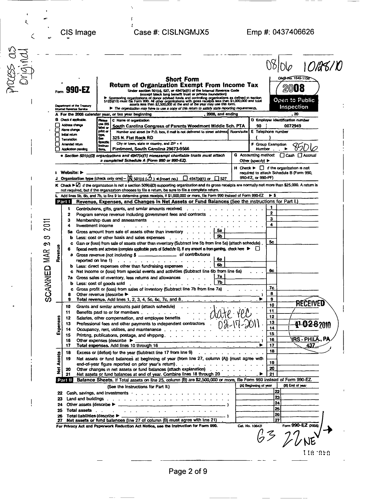 Image of first page of 2007 Form 990EZ for South Carolina Congress of Parents and Teachers / Woodmont Middle School PTA