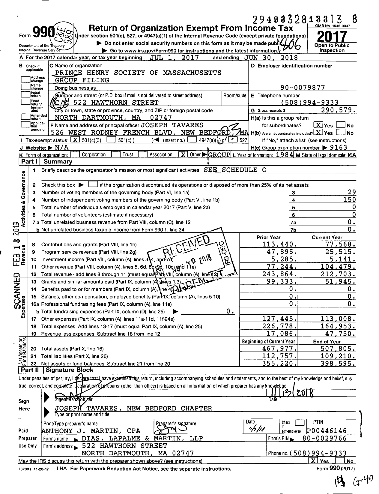 Image of first page of 2017 Form 990 for Prince Henry Society of Massachusetts Group Filing