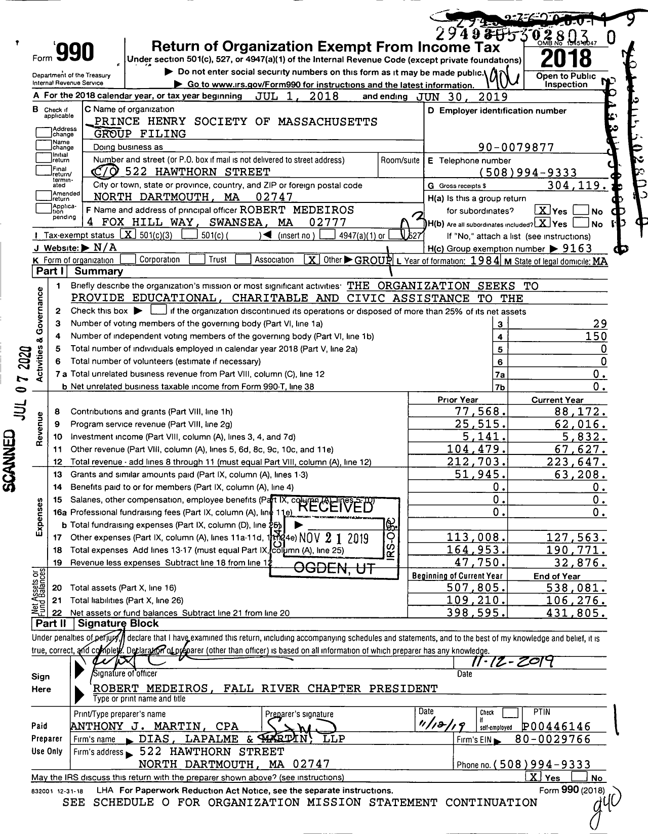 Image of first page of 2018 Form 990 for Prince Henry Society of Massachusetts Group Filing