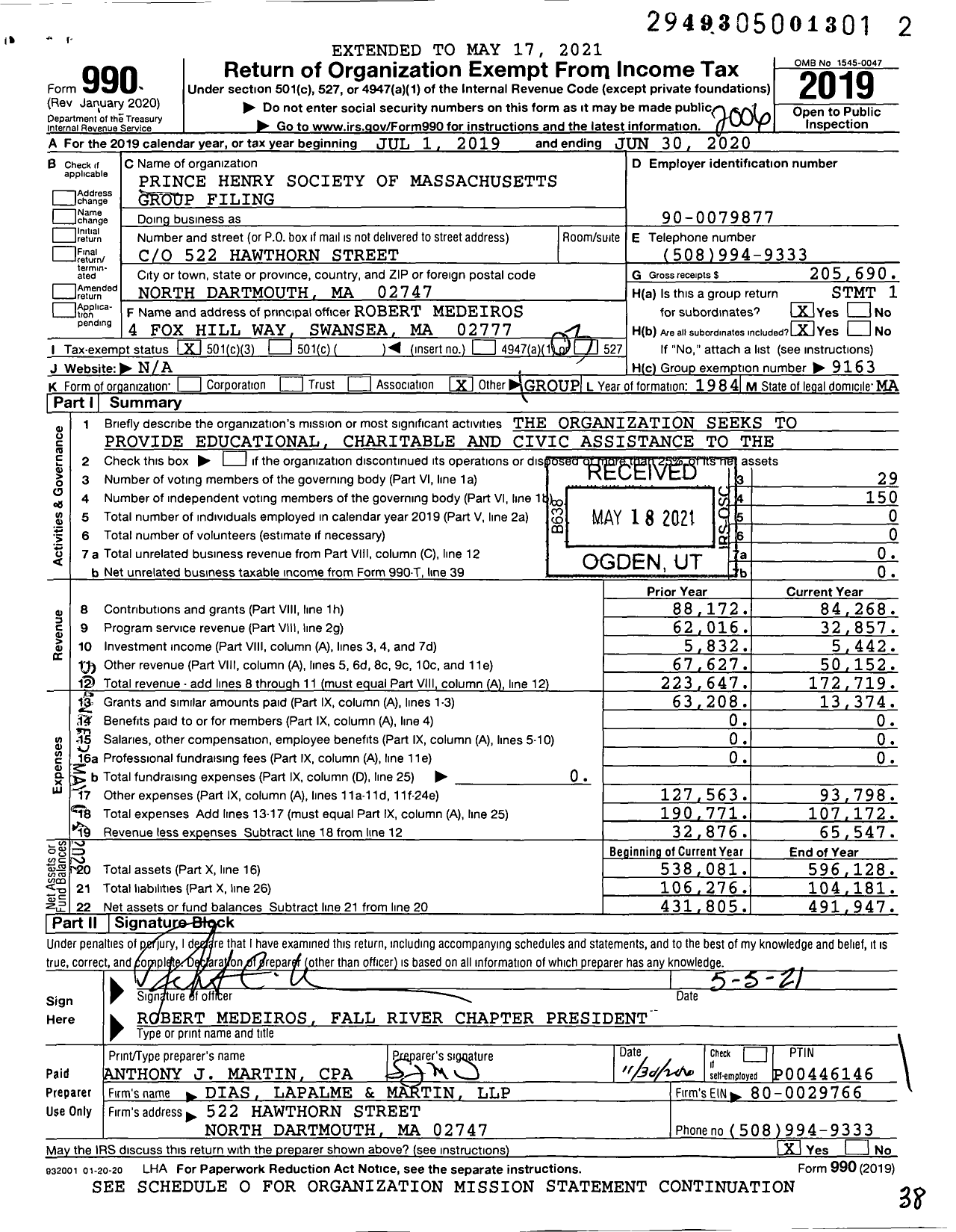 Image of first page of 2019 Form 990 for Prince Henry Society of Massachusetts Group Filing