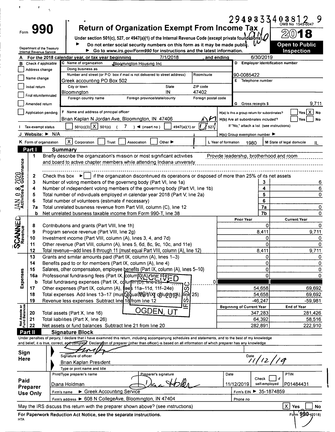 Image of first page of 2018 Form 990O for Bloomington Housing