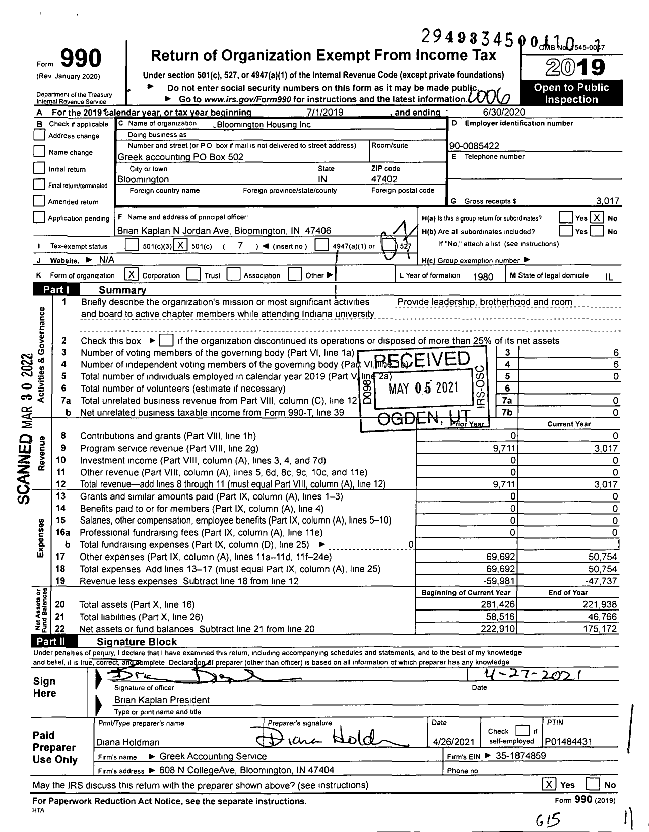 Image of first page of 2019 Form 990O for Bloomington Housing