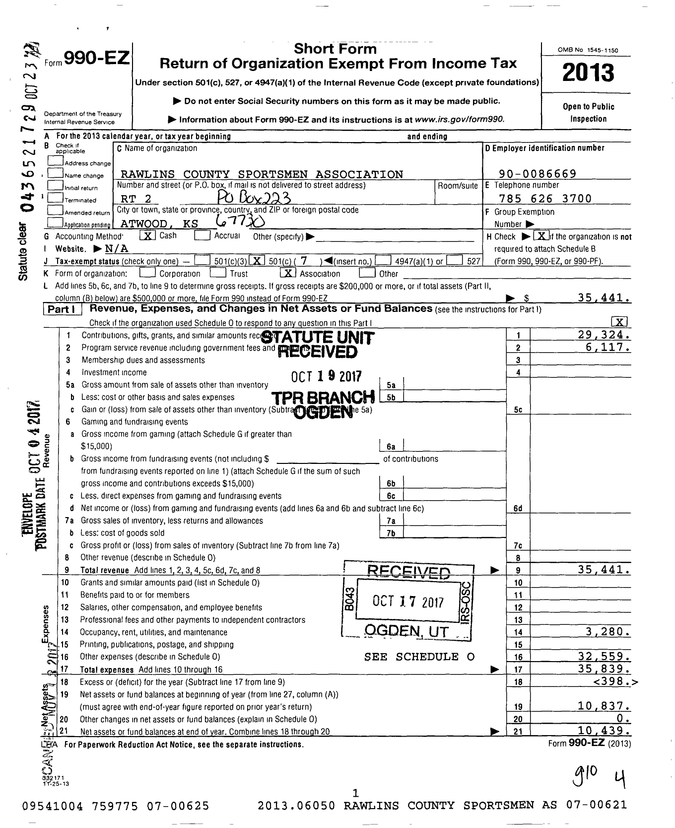 Image of first page of 2013 Form 990EO for Rawlins County Sportsmen Association