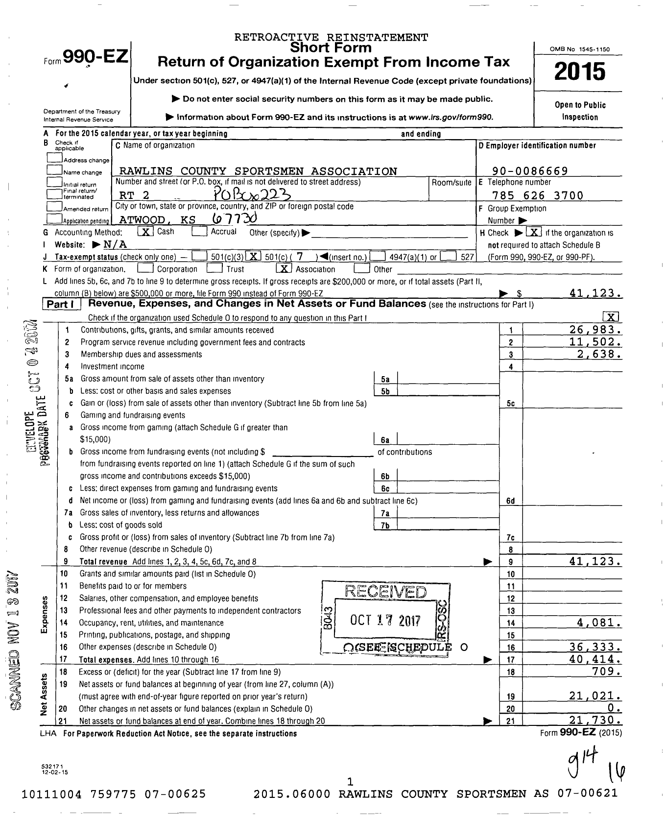 Image of first page of 2015 Form 990EO for Rawlins County Sportsmen Association