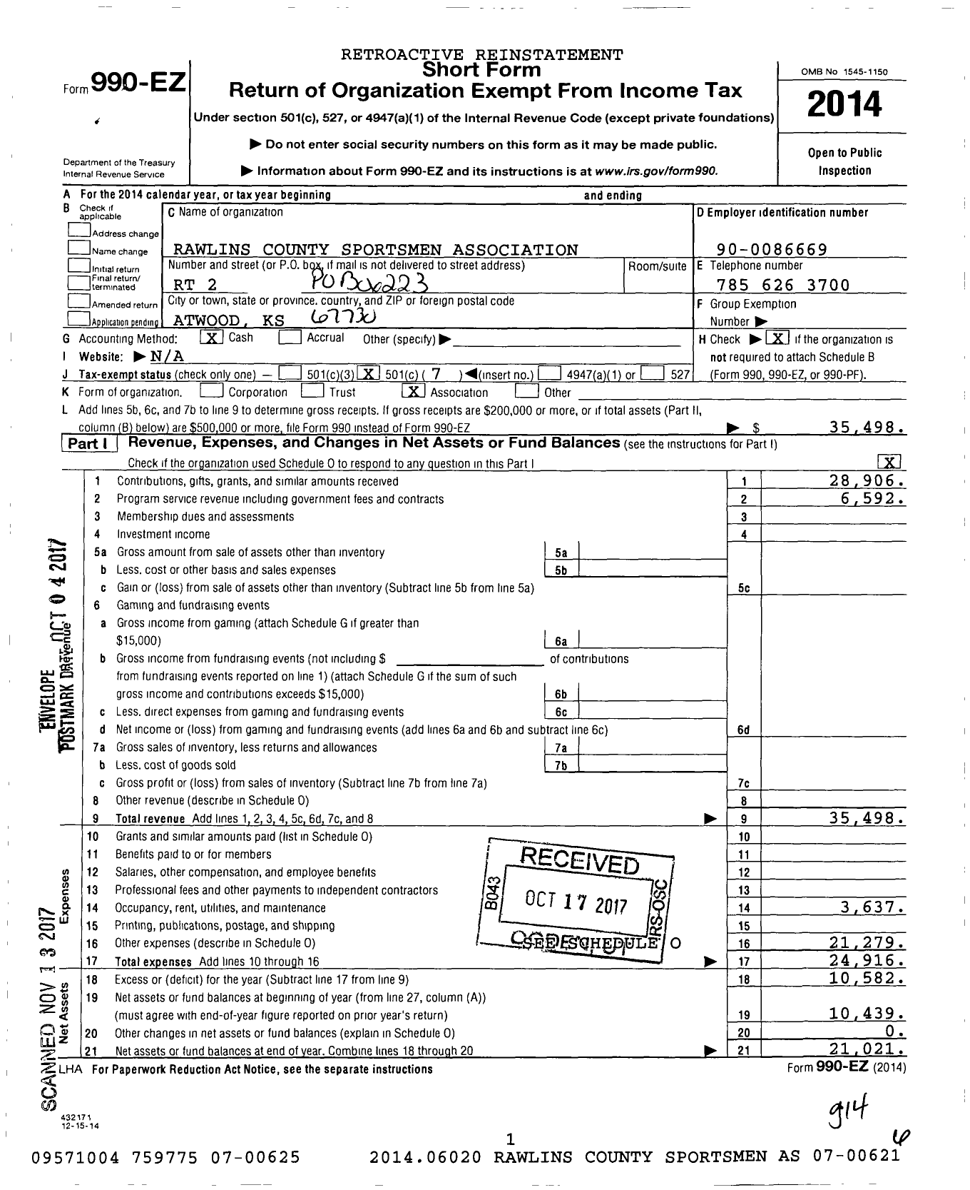 Image of first page of 2014 Form 990EO for Rawlins County Sportsmen Association