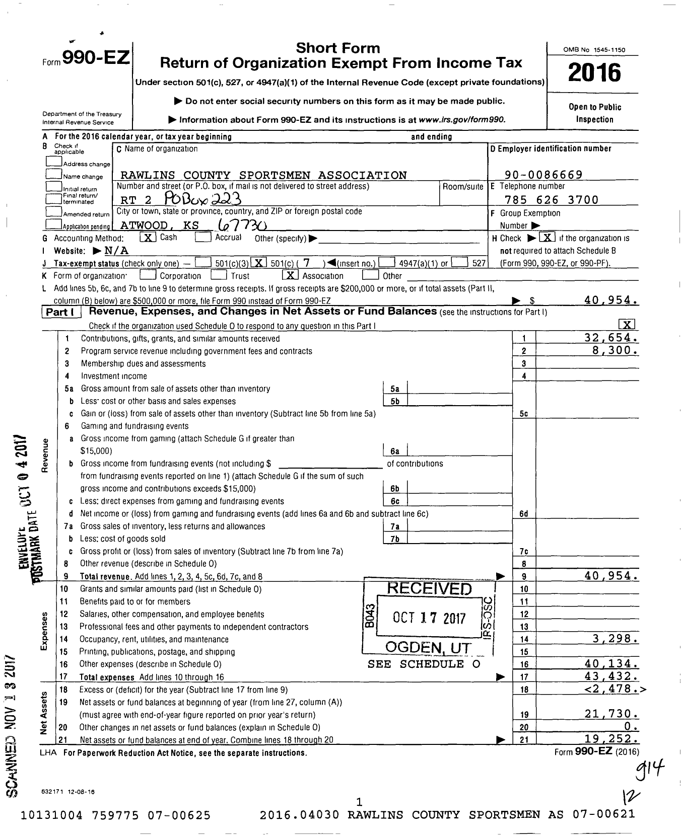 Image of first page of 2016 Form 990EO for Rawlins County Sportsmen Association