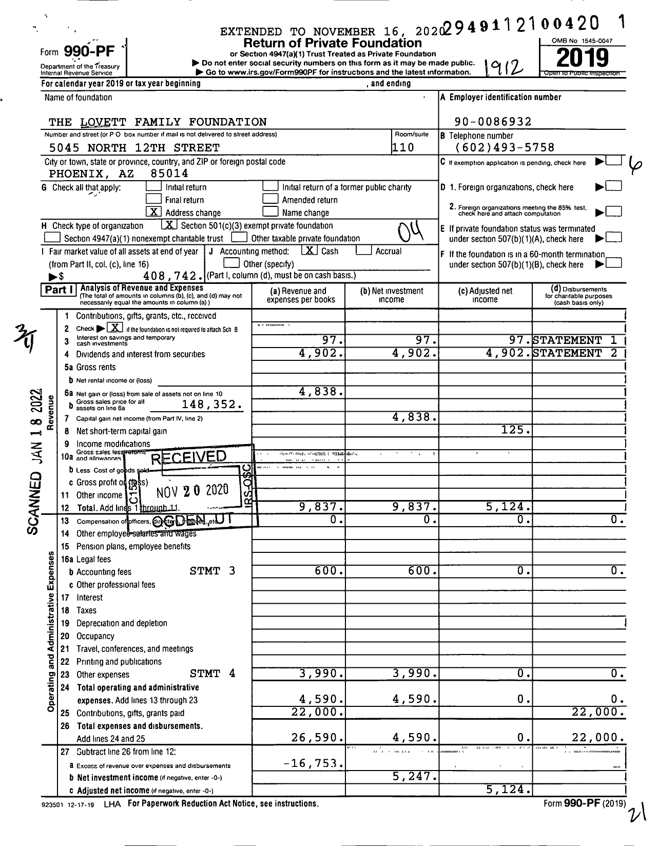 Image of first page of 2019 Form 990PF for The Lovett Family Foundation
