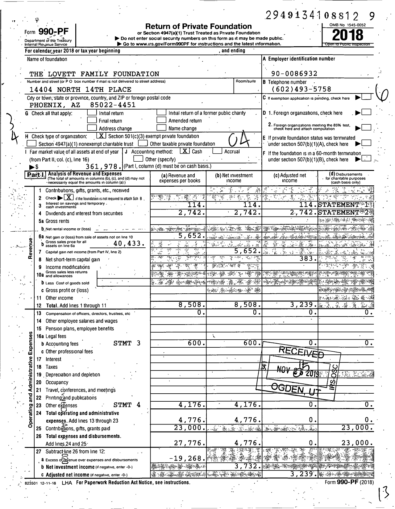 Image of first page of 2018 Form 990PF for The Lovett Family Foundation