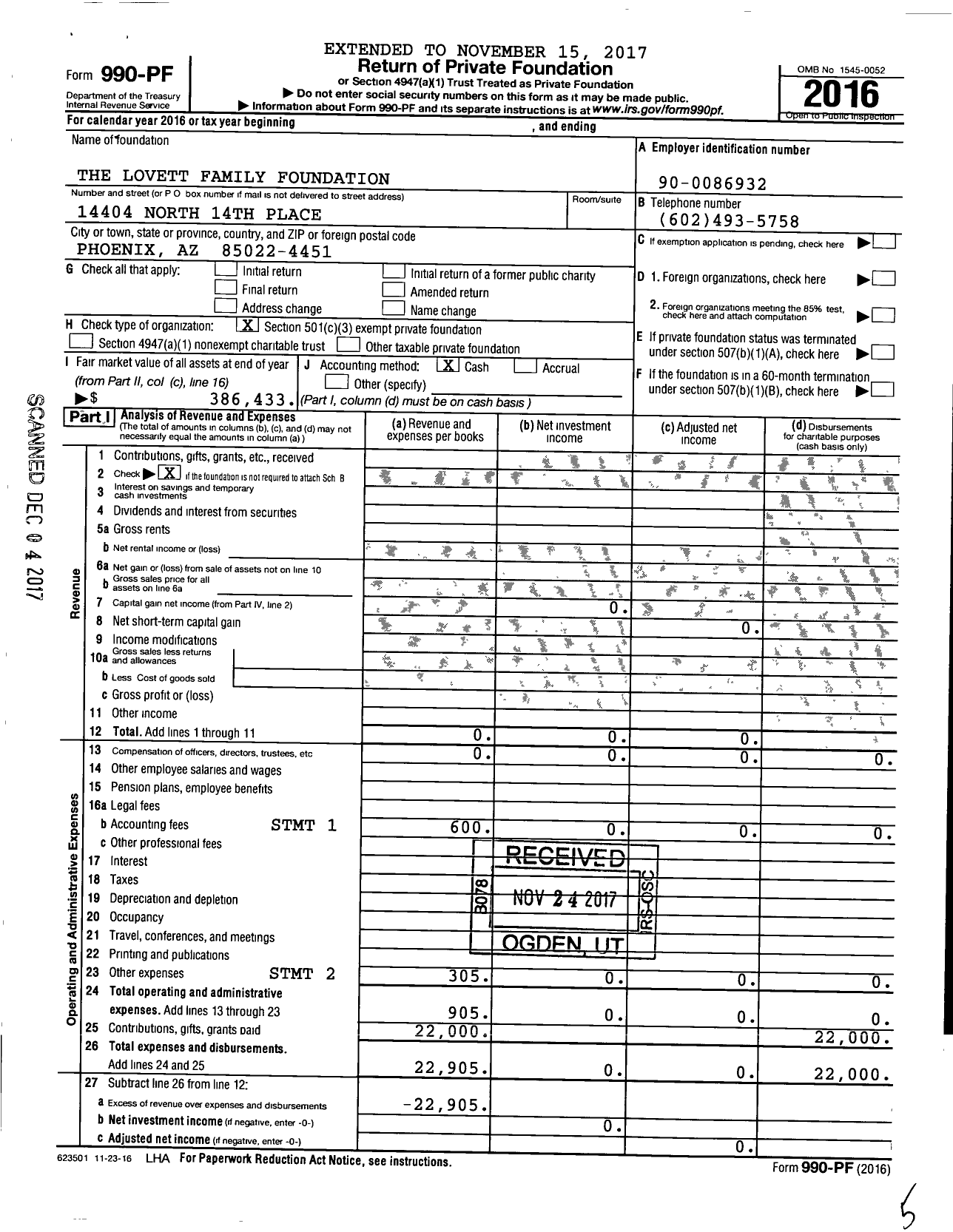 Image of first page of 2016 Form 990PF for The Lovett Family Foundation