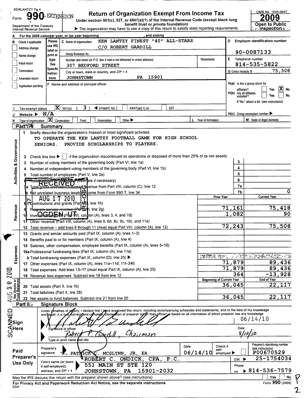 Image of first page of 2009 Form 990 for Ken Lantzy Finest 40 All-Stars