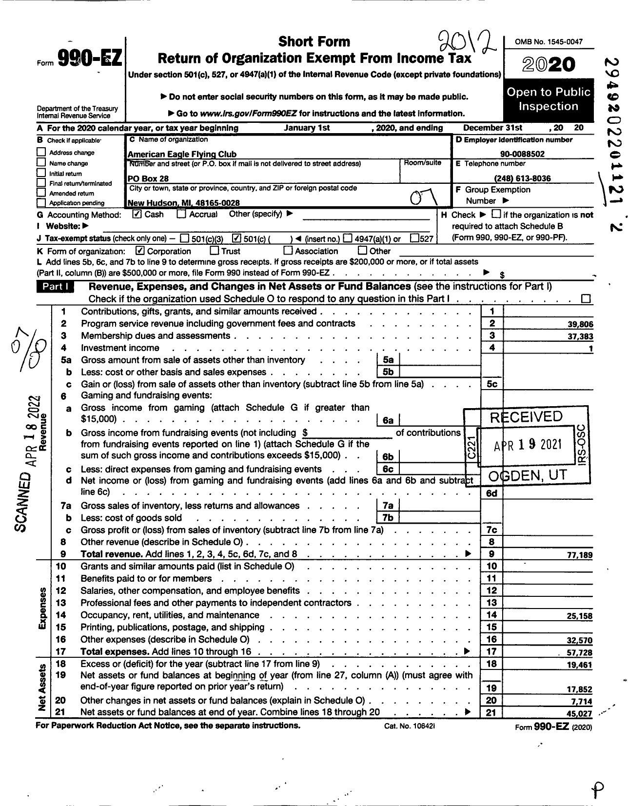 Image of first page of 2020 Form 990EO for American Eagle Flying Club